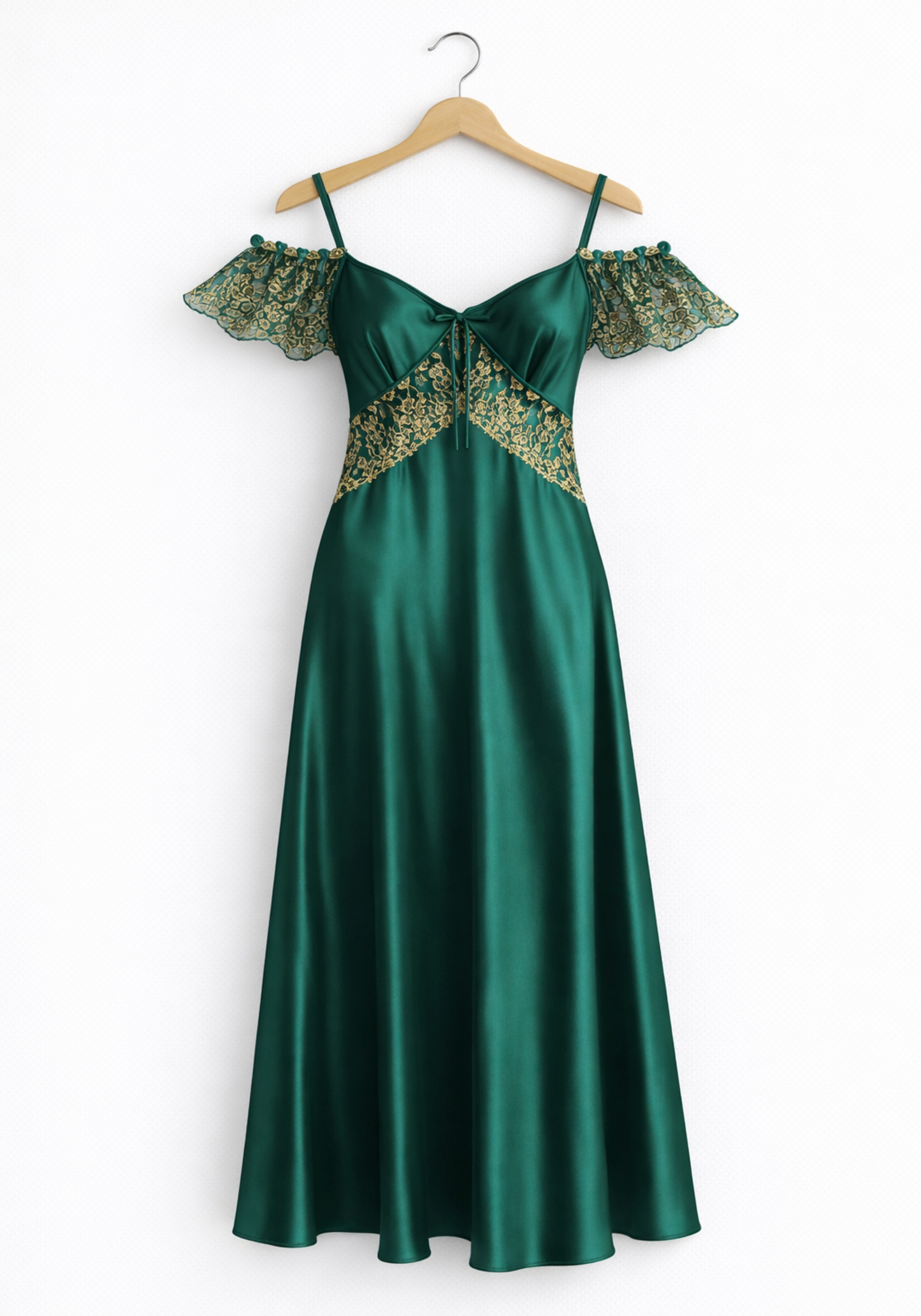 Satin Long Nighty With Golden Lace Detail