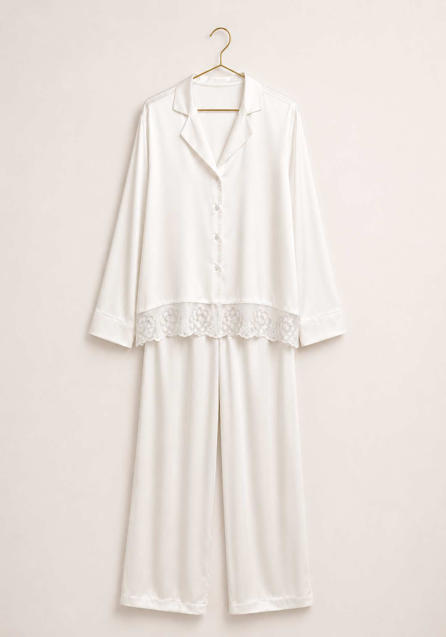 Satin Collar Button Long Sleeve With Lace Detail Pajamas