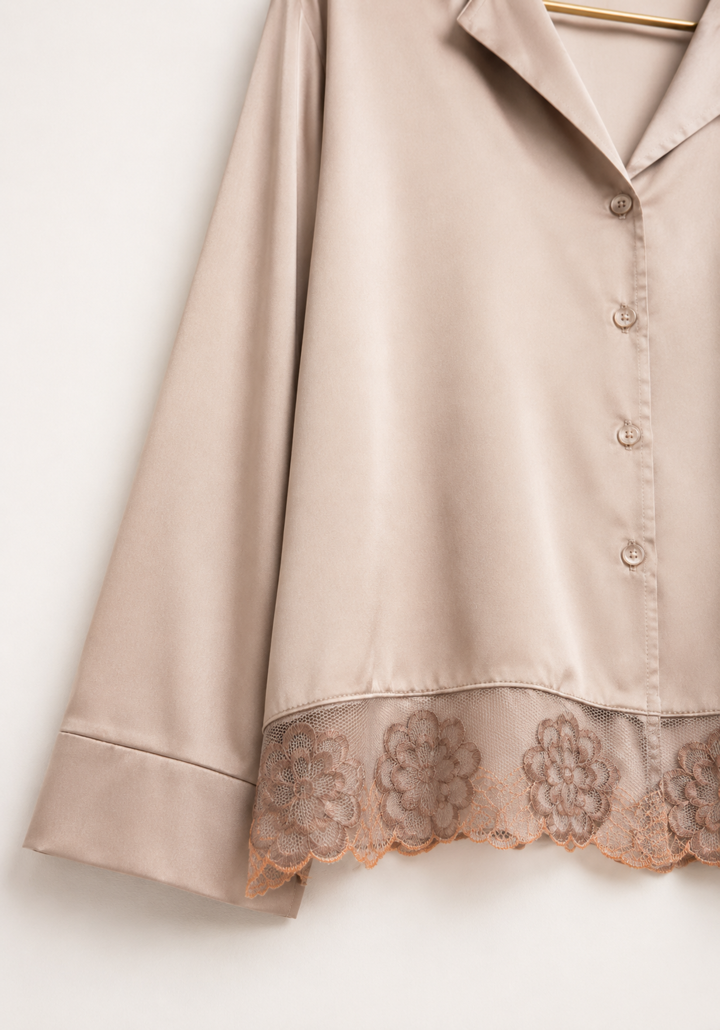 Satin Collar Button Long Sleeve With Lace Detail Pajamas