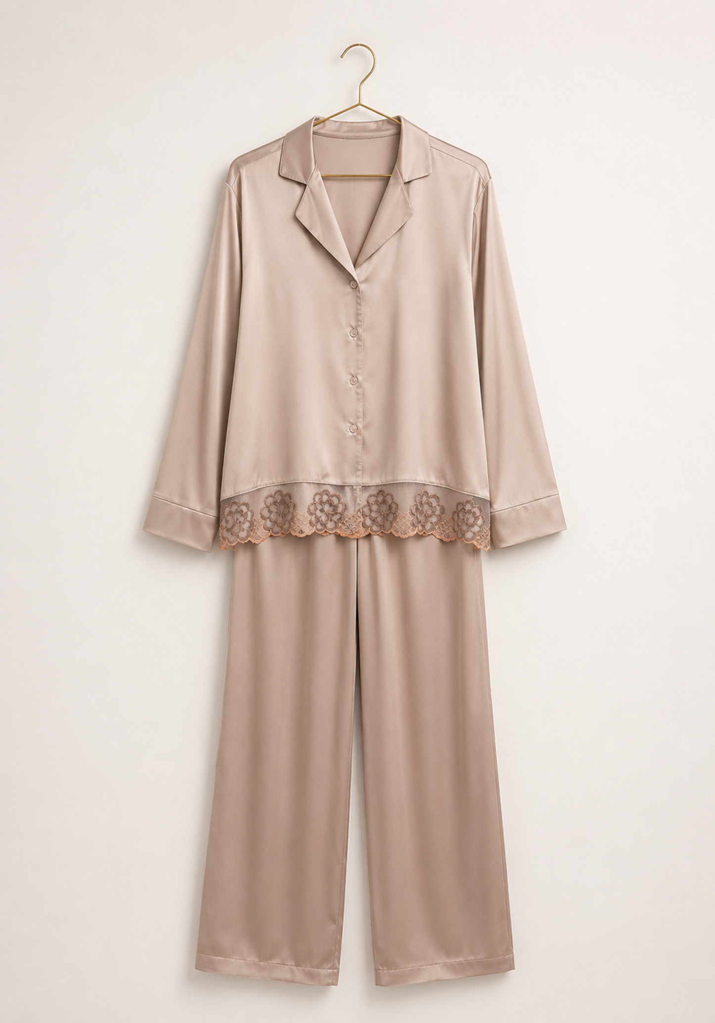 Satin Collar Button Long Sleeve With Lace Detail Pajamas