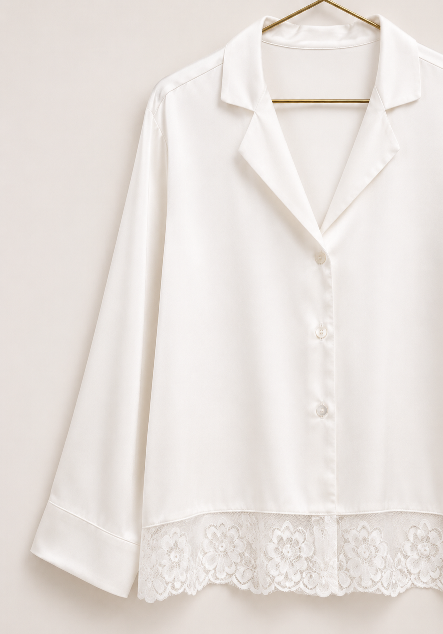 Satin Collar Button Long Sleeve With Lace Detail Pajamas