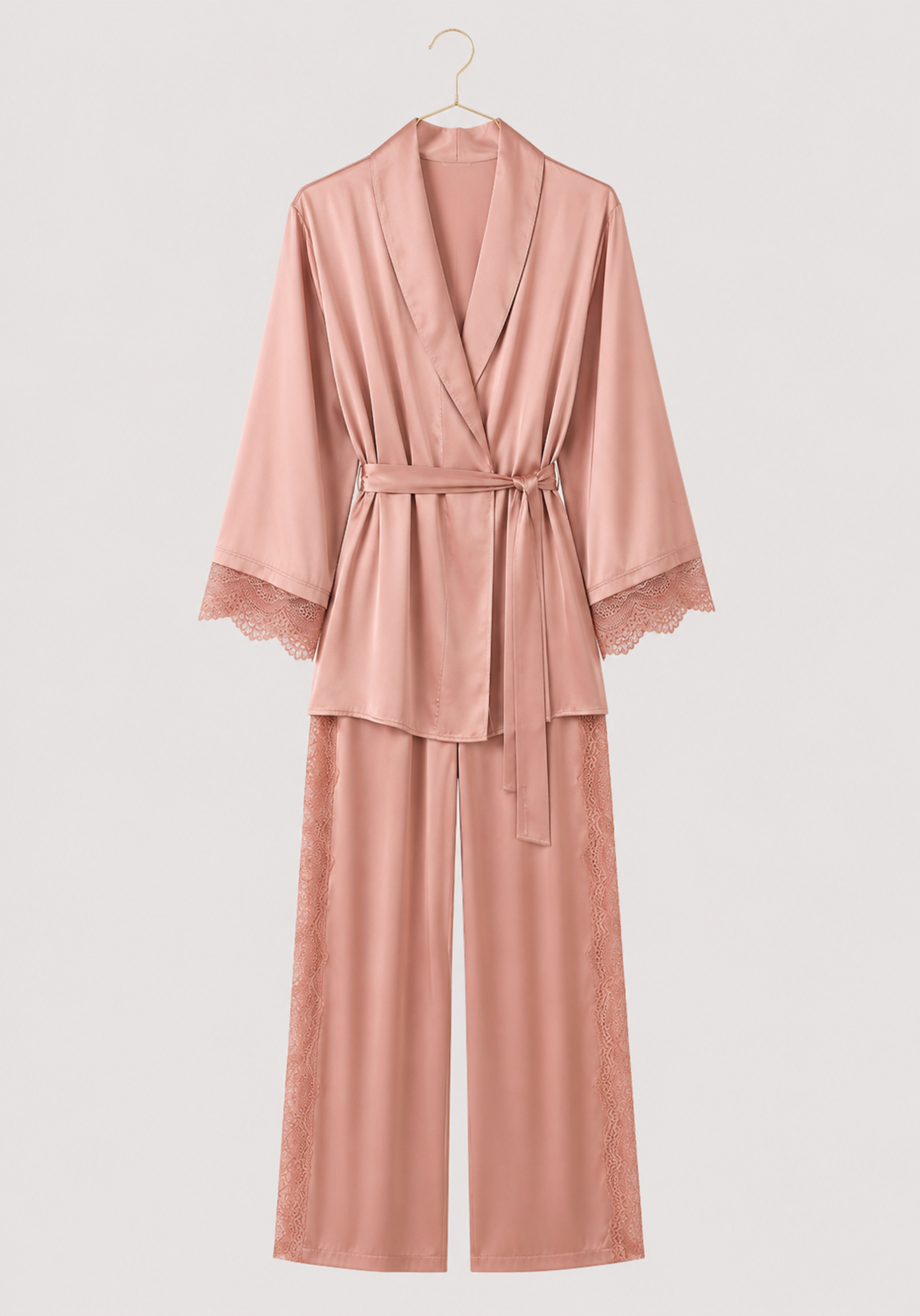 Satin Pajamas: Long Sleeves Robe Like Top And Pant With Lace Detail