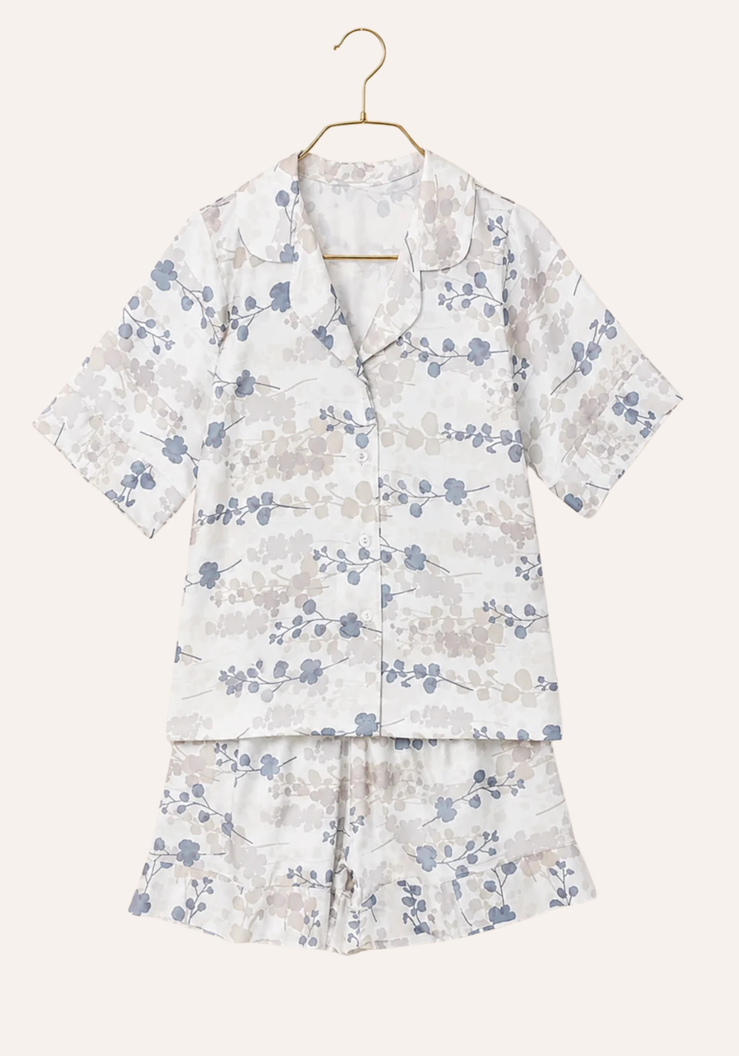 Satin Shorts Pajama: Floral Print Collar Button Short Sleeve Top And Shorts