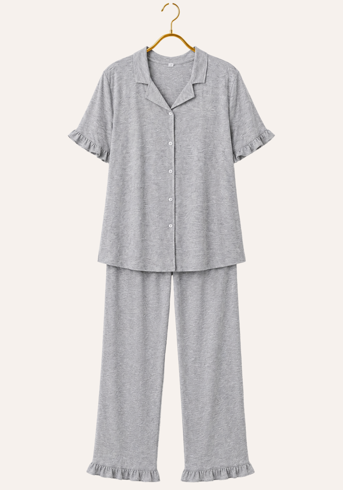 Plain Collar Button Short Sleeve Ruffled Top And Pant Pajamas