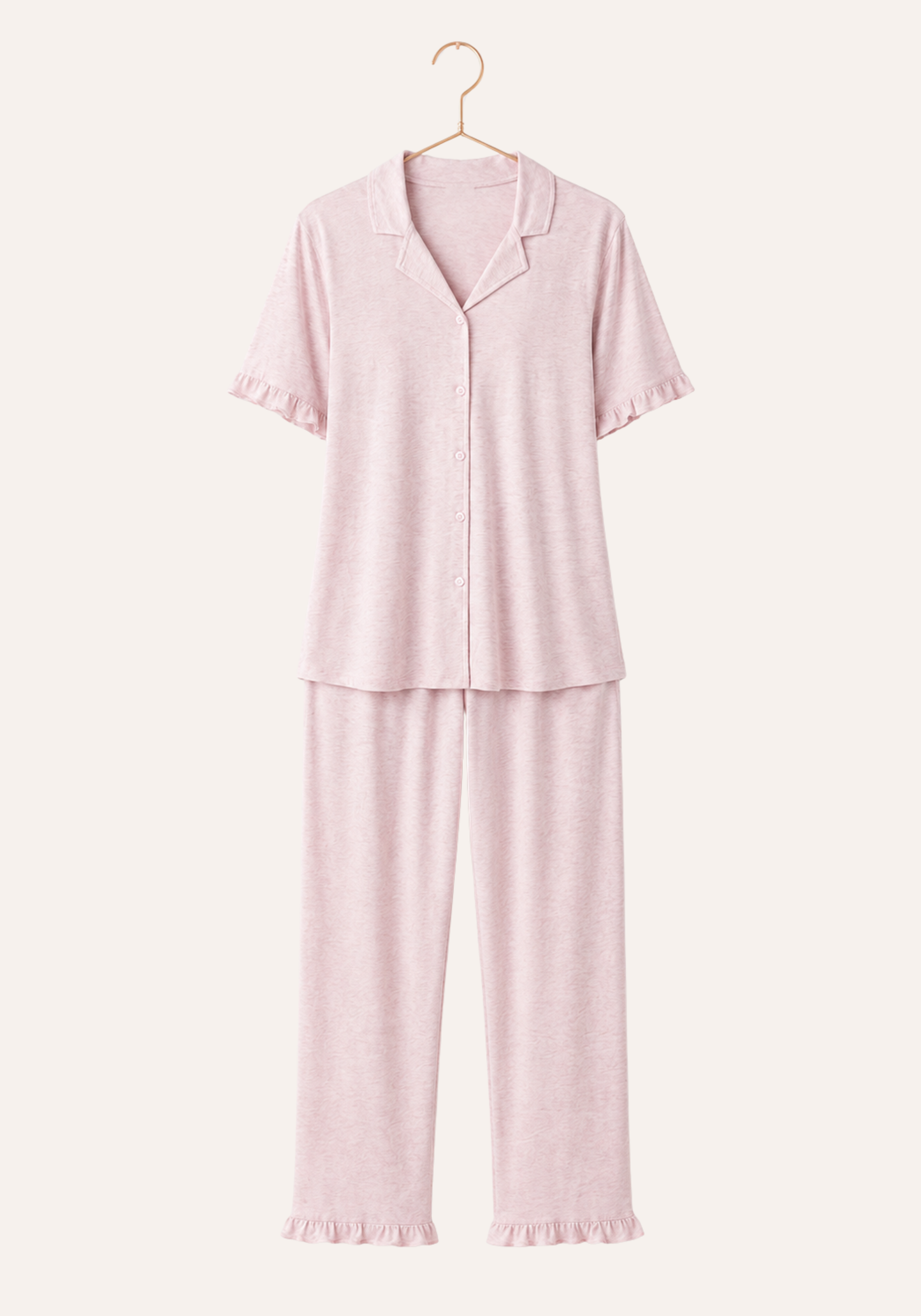Plain Collar Button Short Sleeve Ruffled Top And Pant Pajamas