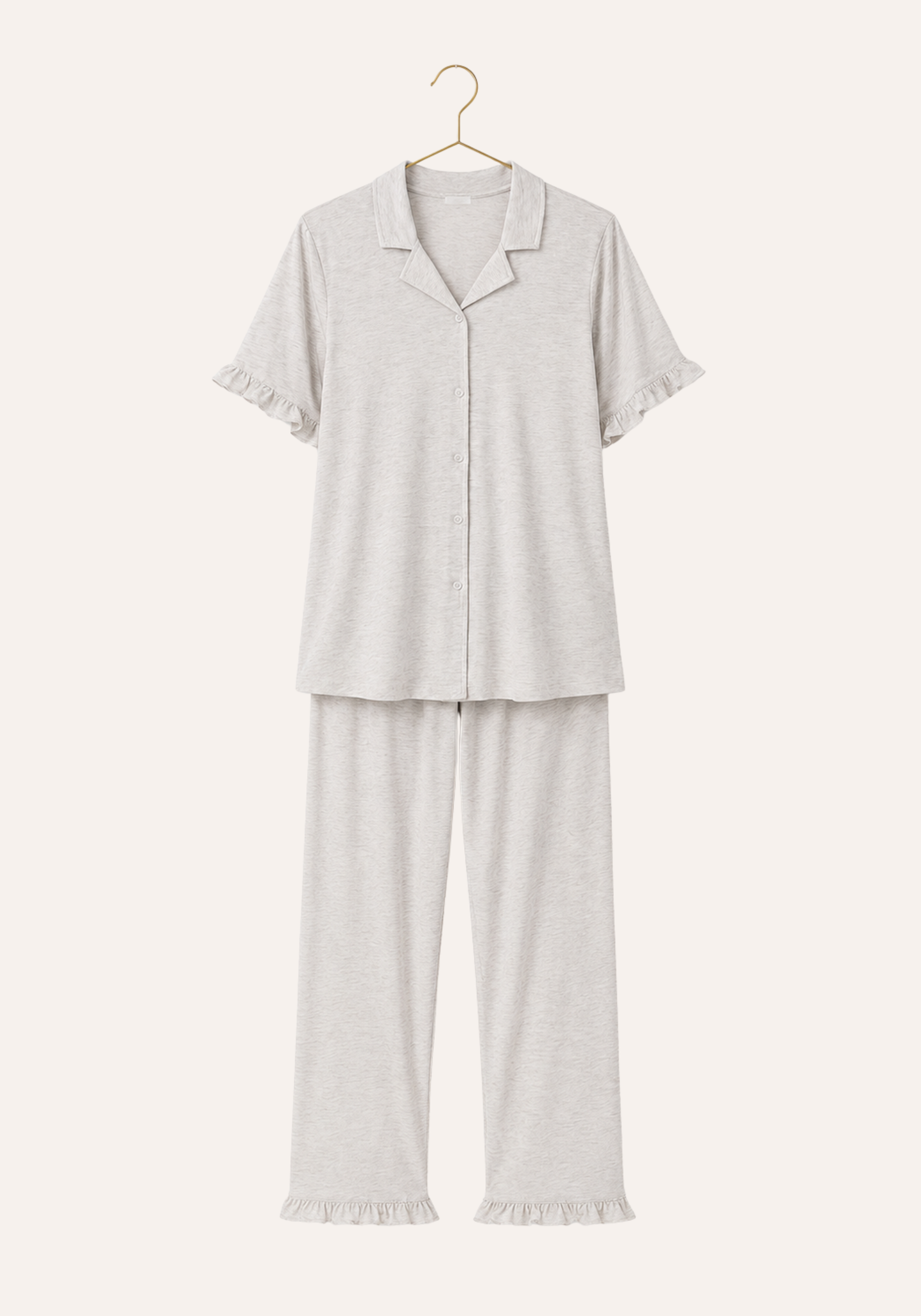 Plain Collar Button Short Sleeve Ruffled Top And Pant Pajamas