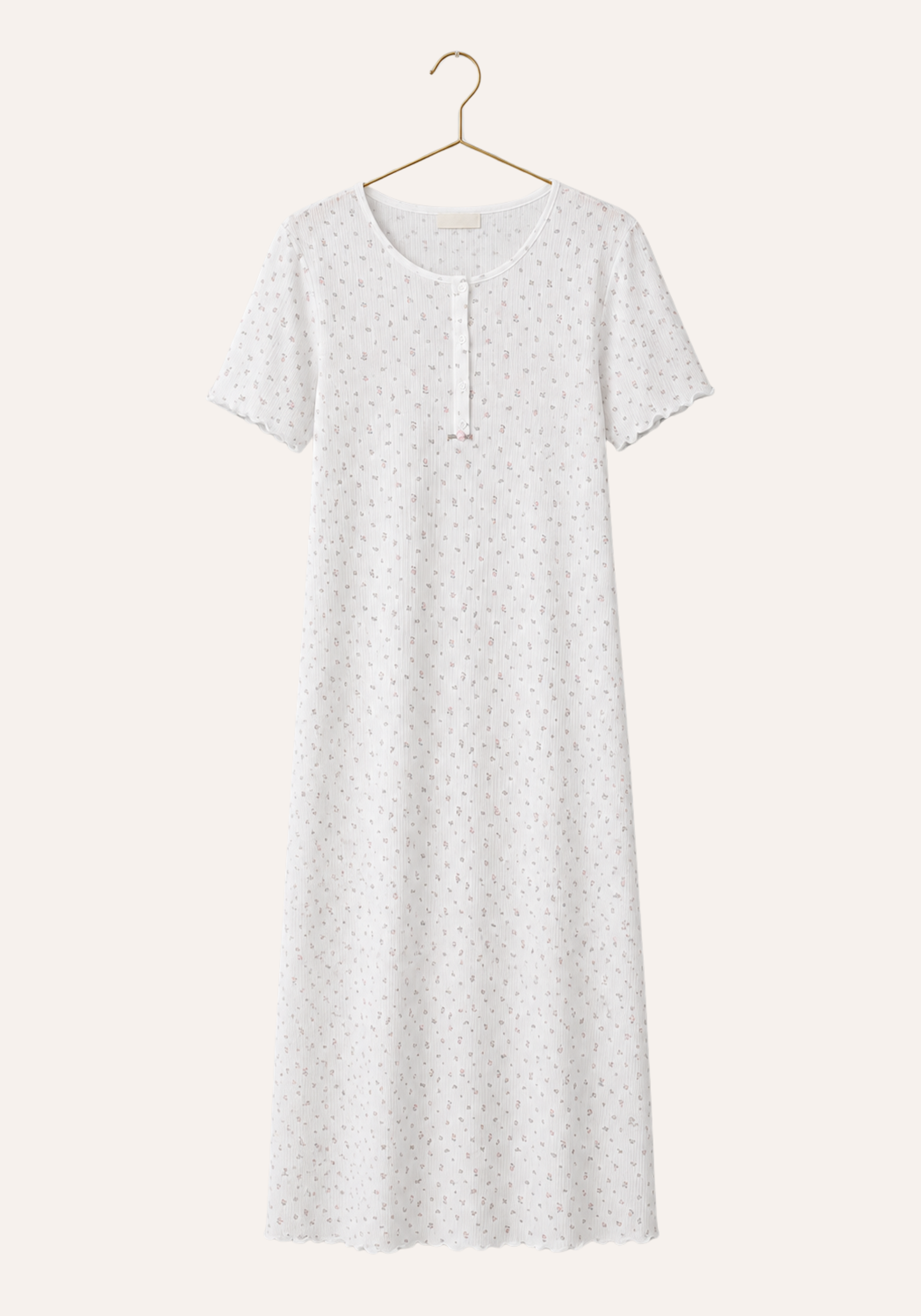 Flower-Print Ribbed Short Sleeve Buttoned Front Long Nighty