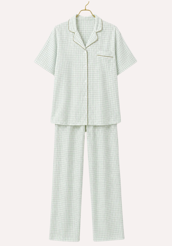 Chequered Short Sleeve Collar Button Gingham Pajamas