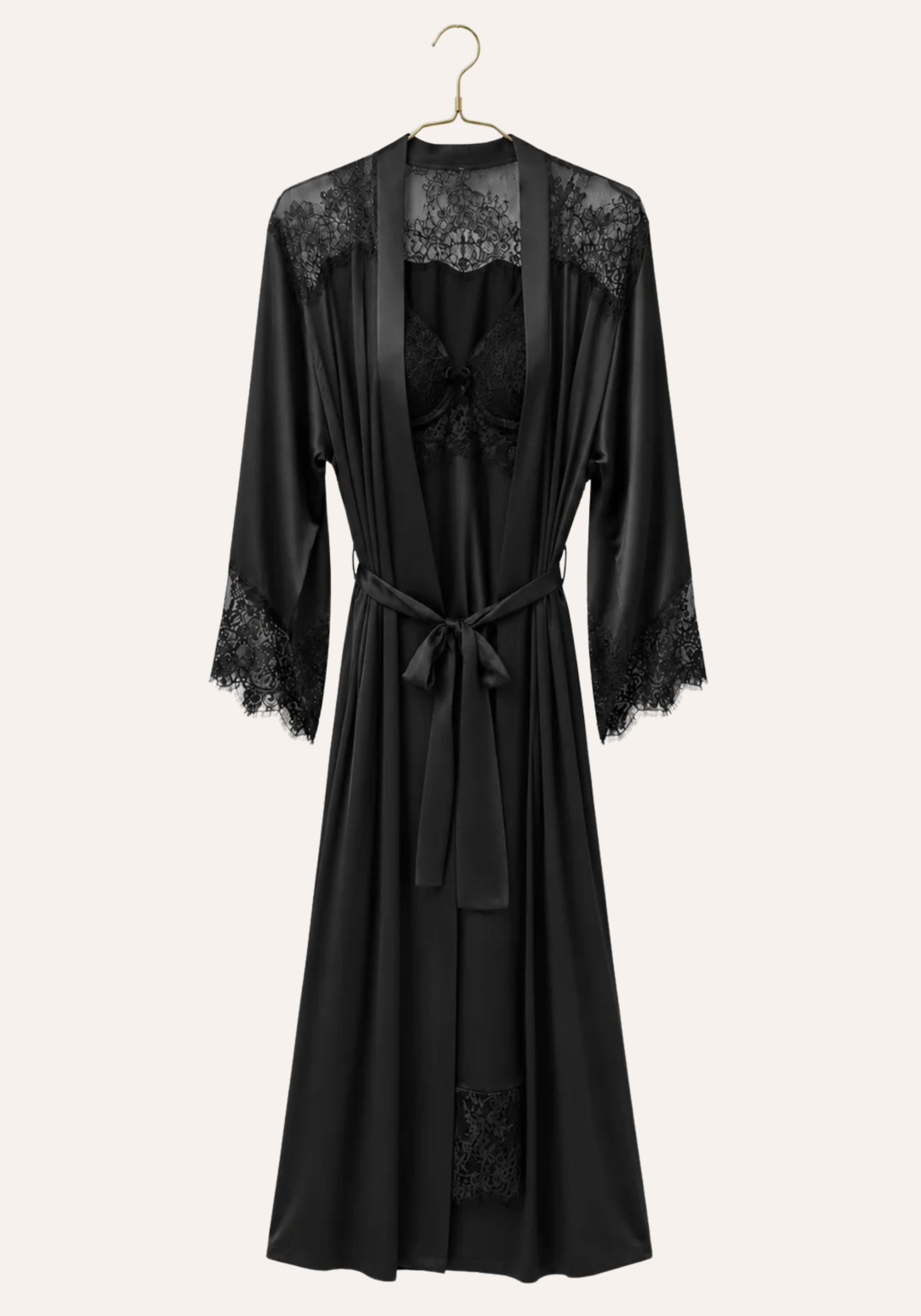 Lingerie Long Robe Set: Satin Padded Underwire Cup Long Nighty And Satin Long Sleeve Long Robe With Lace Detail