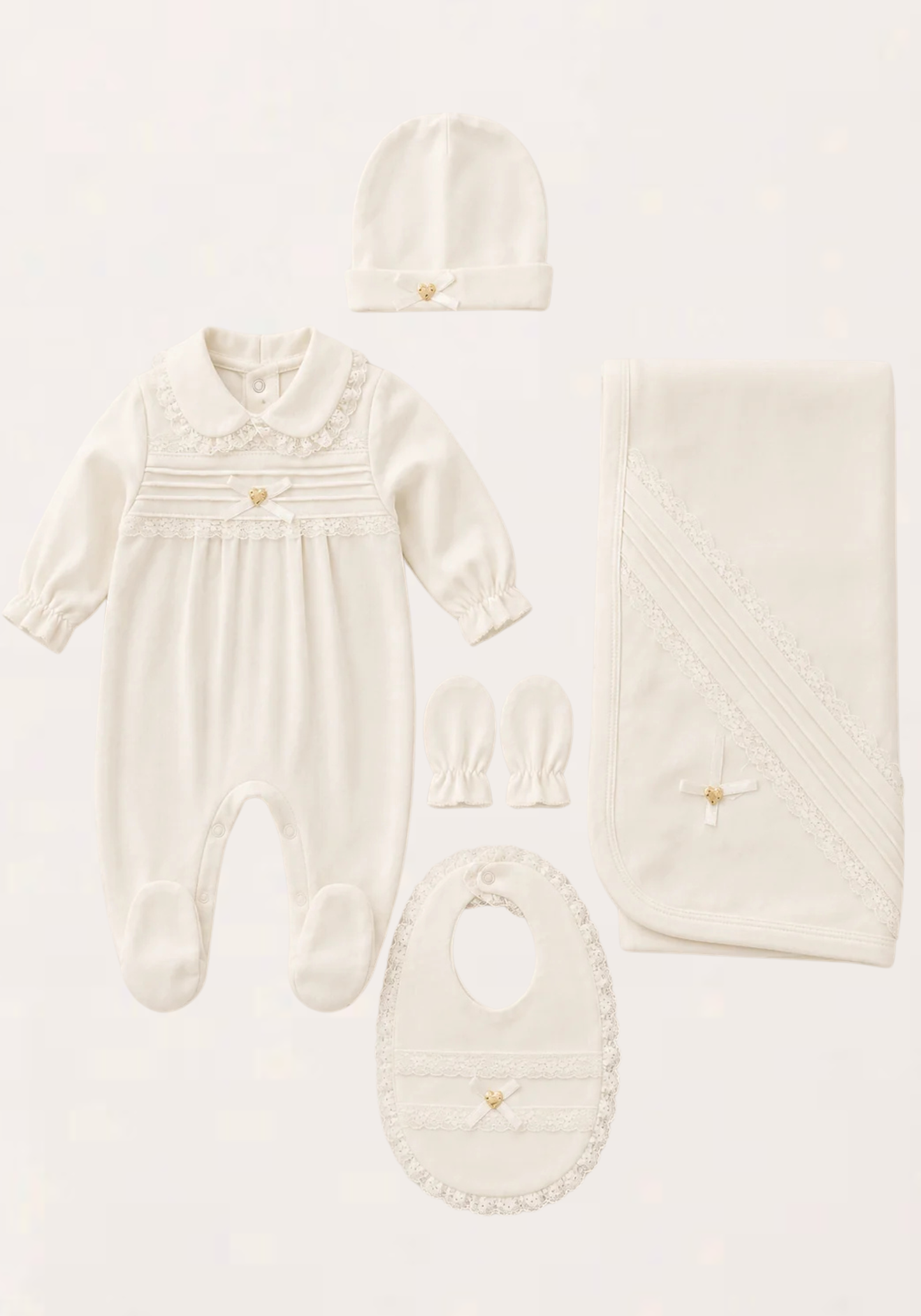 Babies Essential Set Of 5 Pieces: Romper, Hat, Bib, Blanket, Mittens