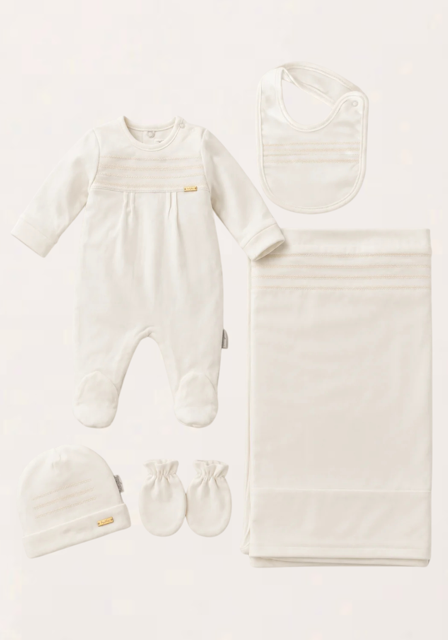 Babies Essential Set Of 5 Pieces: Romper, Hat, Bib, Blanket, Mittens