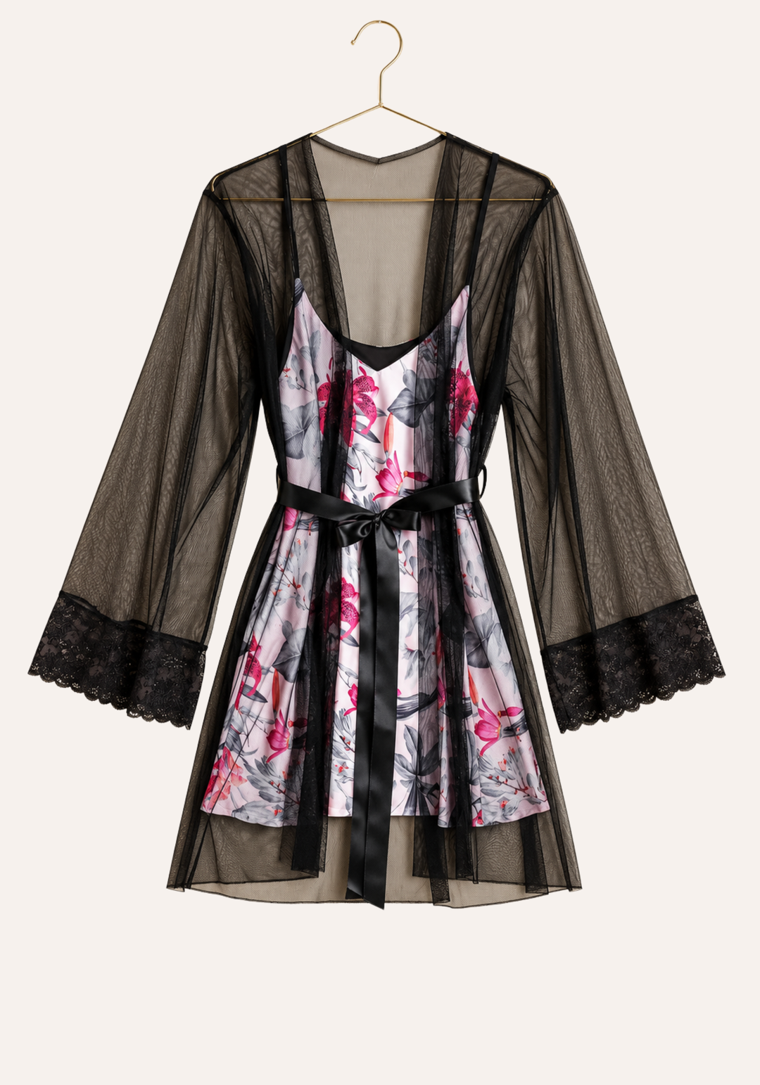 Satin Robe Set: Floral Print Satin Babydoll With Schiffon Short Kimono
