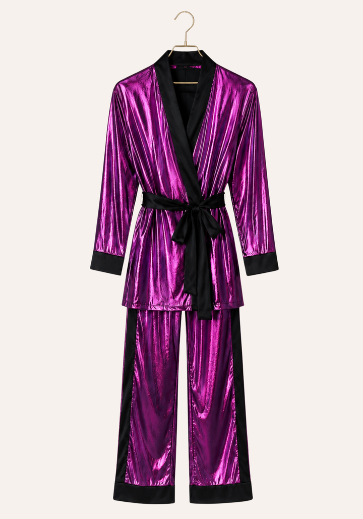 3 Pieces Pajamas: Disko Long Sleeves Short Robe And Pants And Satin Crop Tank Top