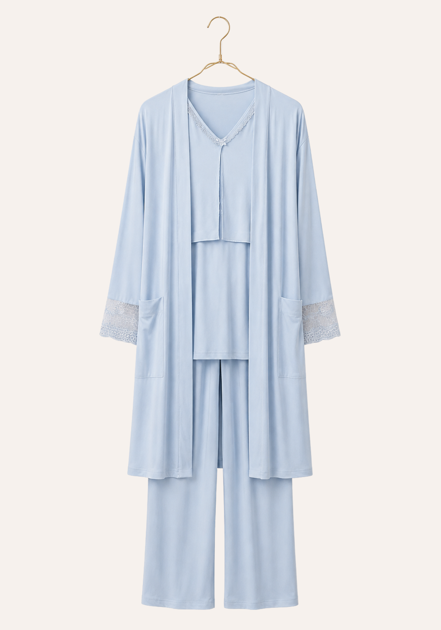 Plain Long Sleeve Pajamas And Long Robe With Dantel Details