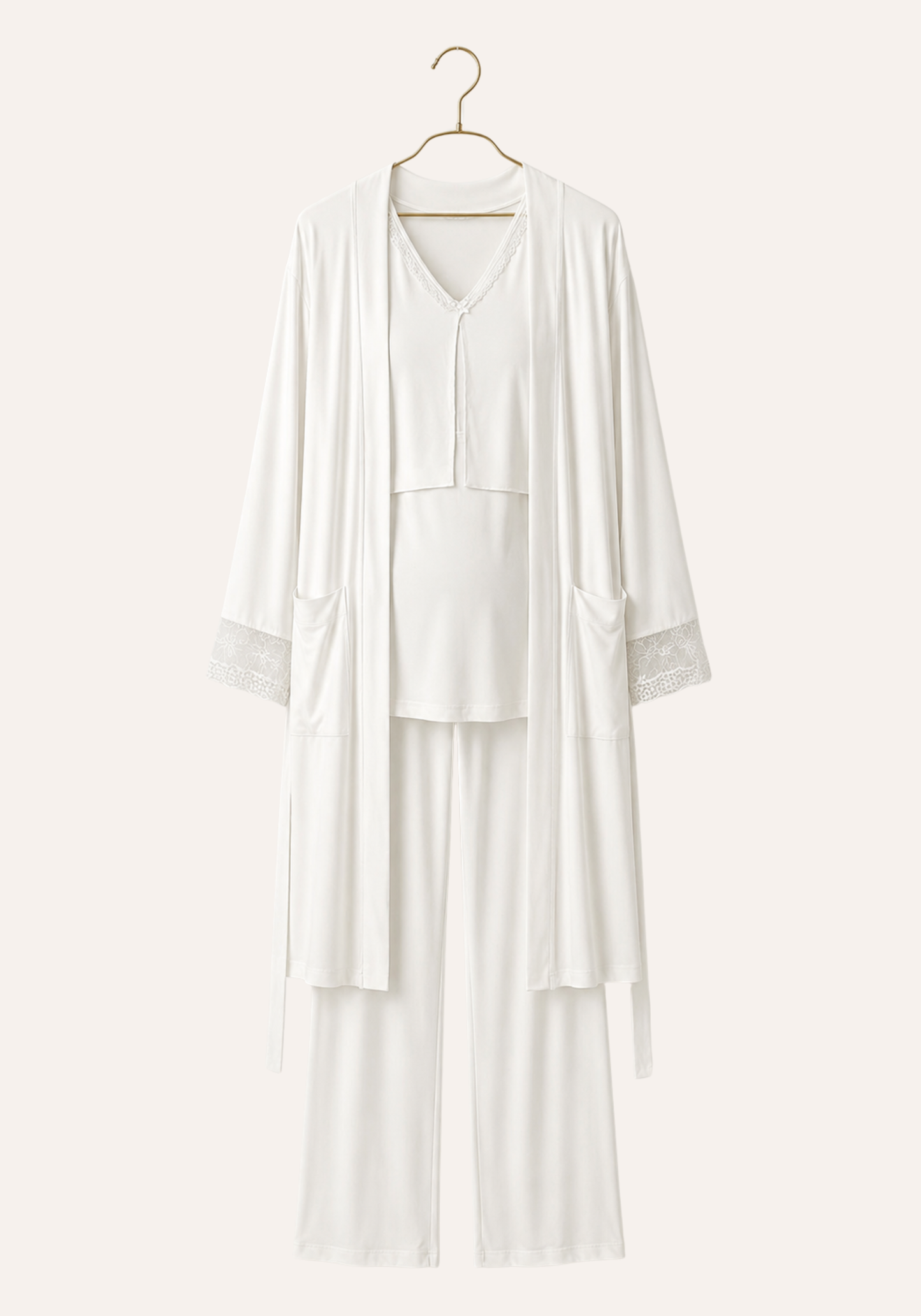 Plain Long Sleeve Pajamas And Long Robe With Dantel Details