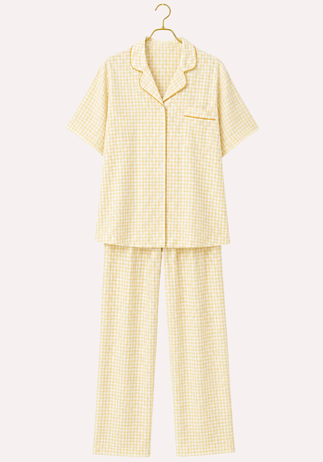 Chequered Short Sleeve Collar Button Gingham Pajamas