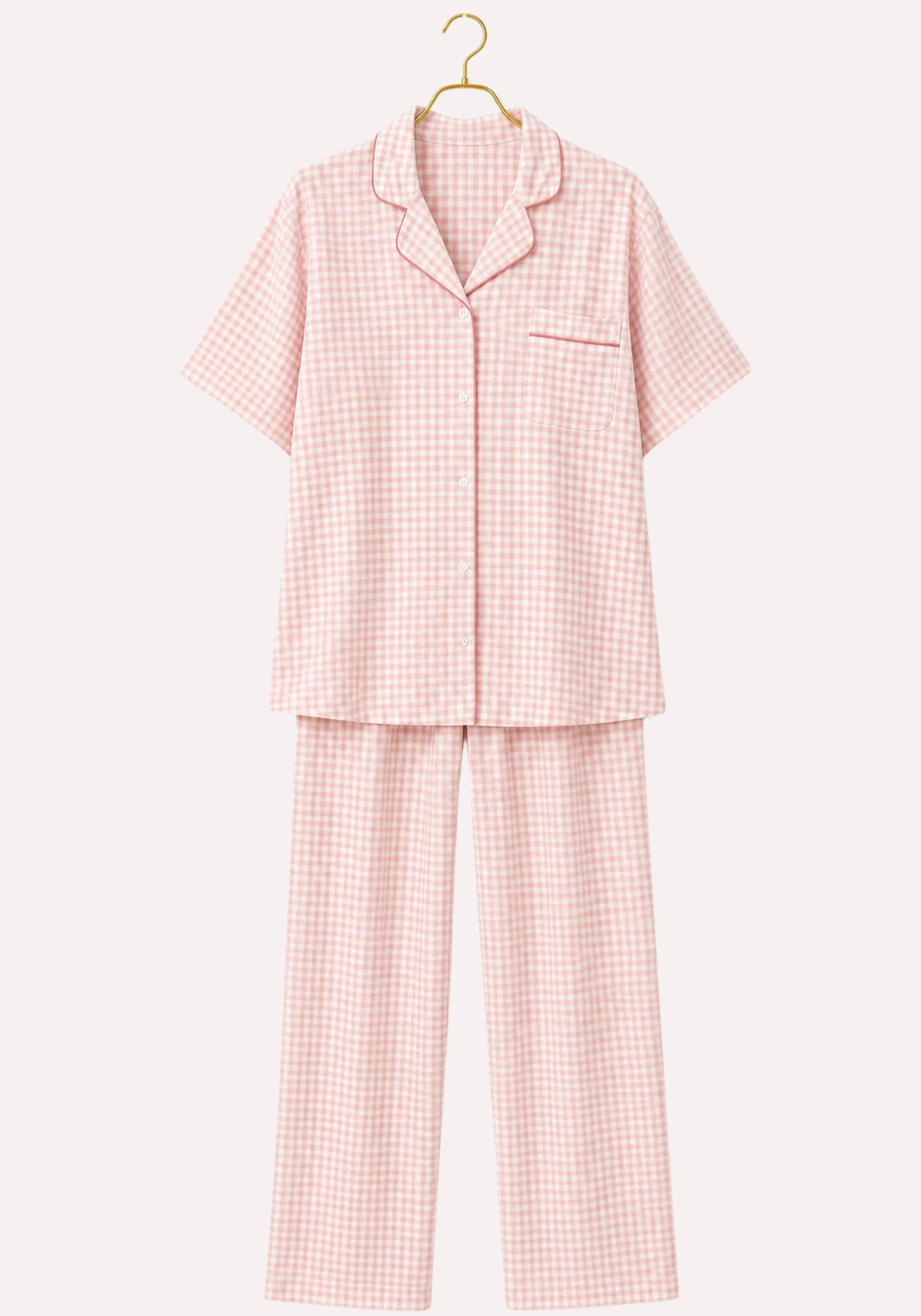 Chequered Short Sleeve Collar Button Gingham Pajamas