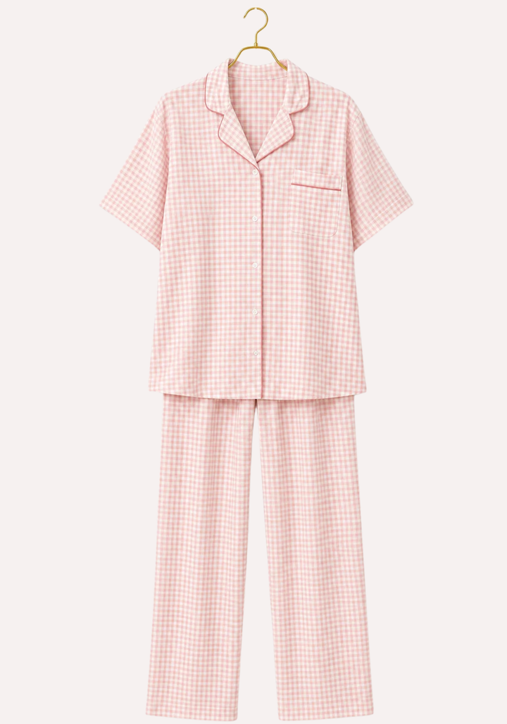 Chequered Short Sleeve Collar Button Gingham Pajamas