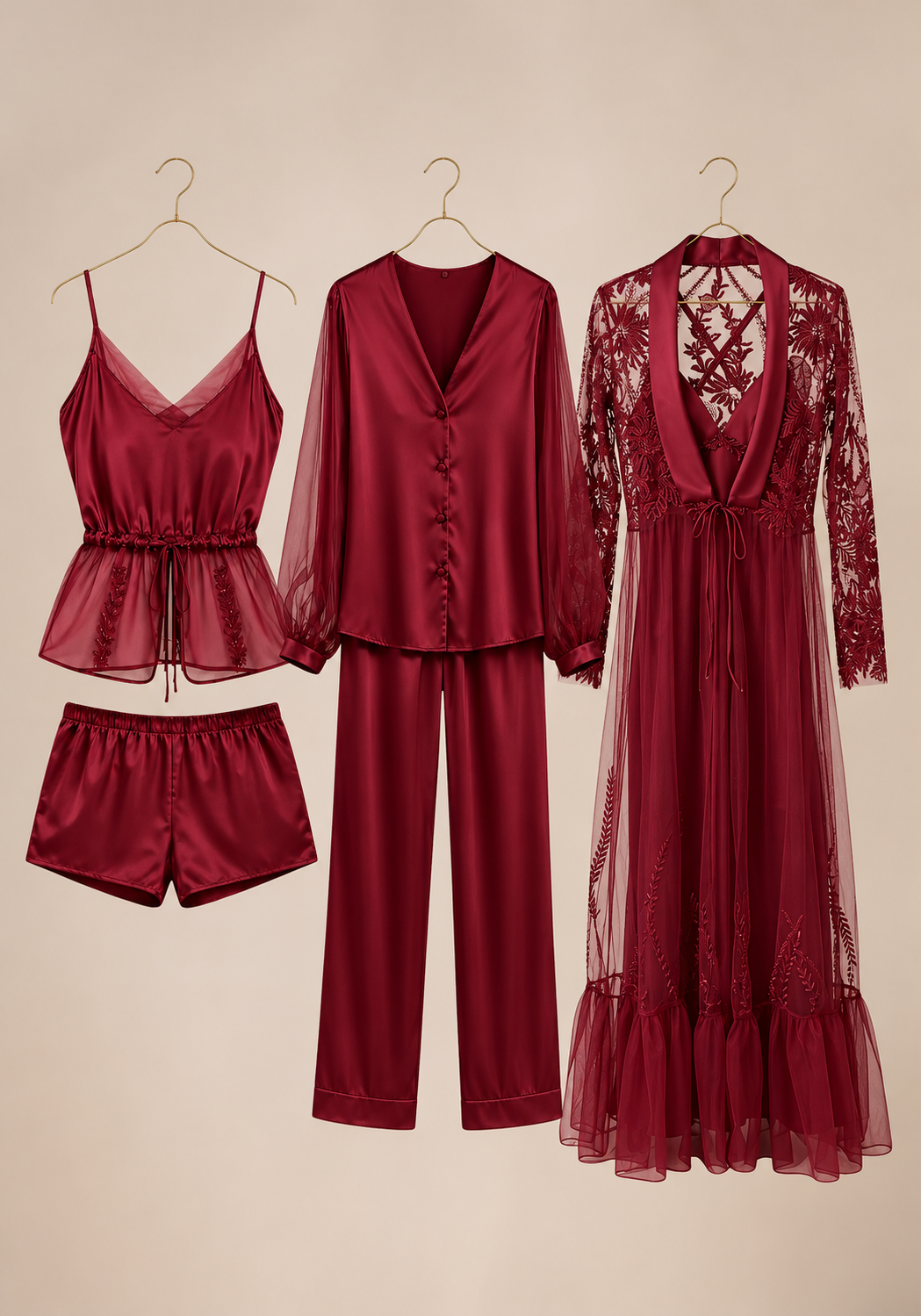 Set Of 6: Cami, Short, Top, Pant, Long Nighty, Long Lace Robe