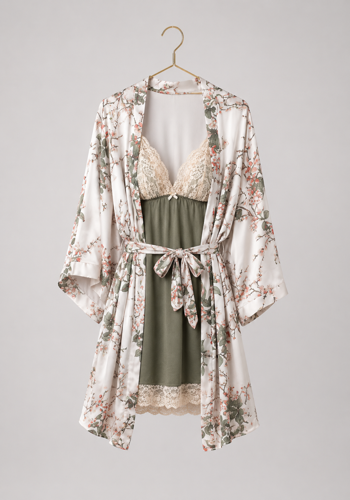 Short Robe Set: Viscose Lycra Shoulder Strap Plain Nighty With Lace Detail And Satin Printed Robe