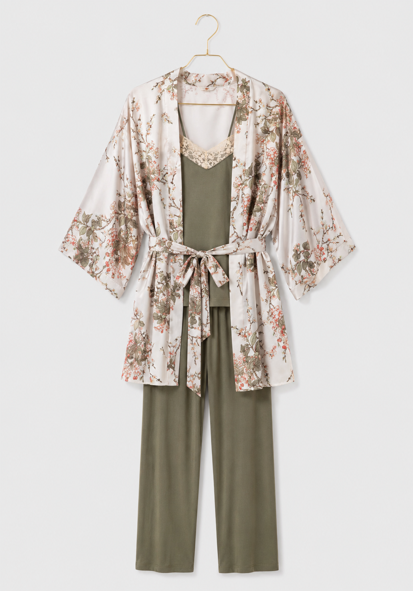 3 Pieces Set: Viscose Lycra Shoulder Strap Plain Pajamas And Satin Printed Robe