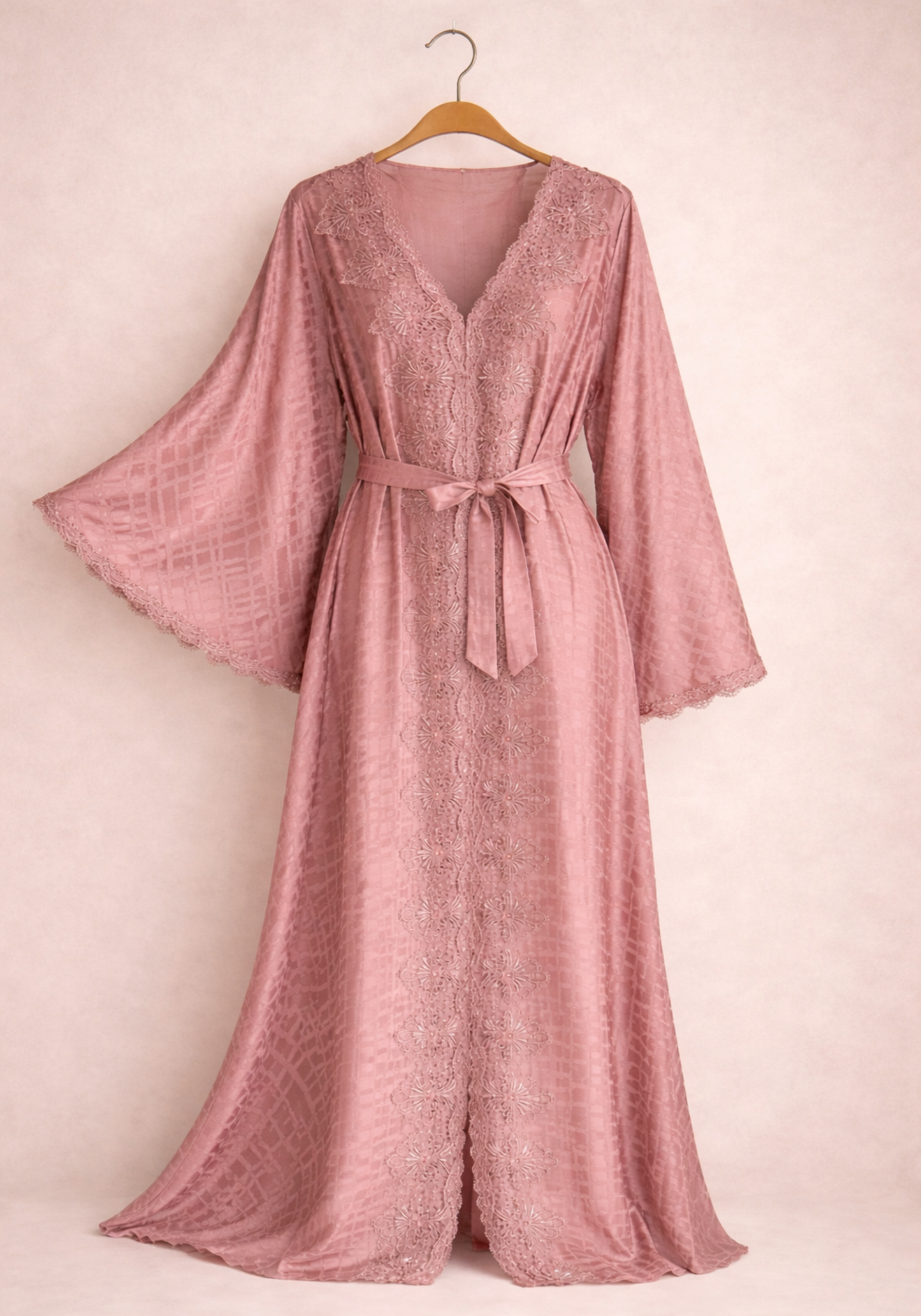 Satin Jackard Long Sleeve Long Nighty With Dantel