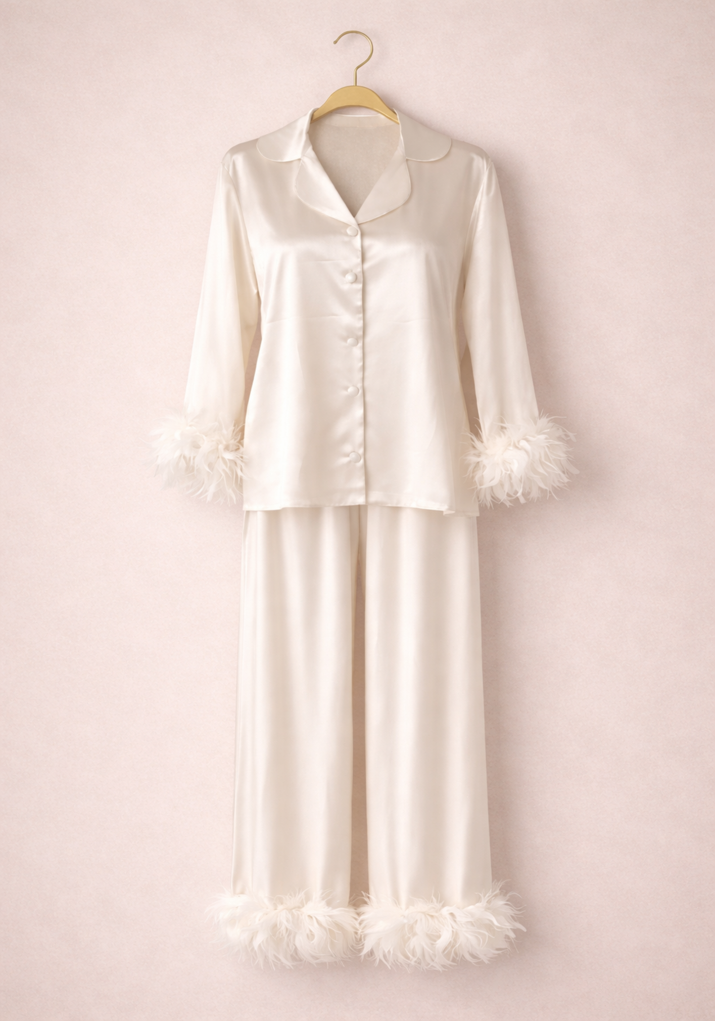 Satin Furr Collar Button Long Sleeve Pajamas