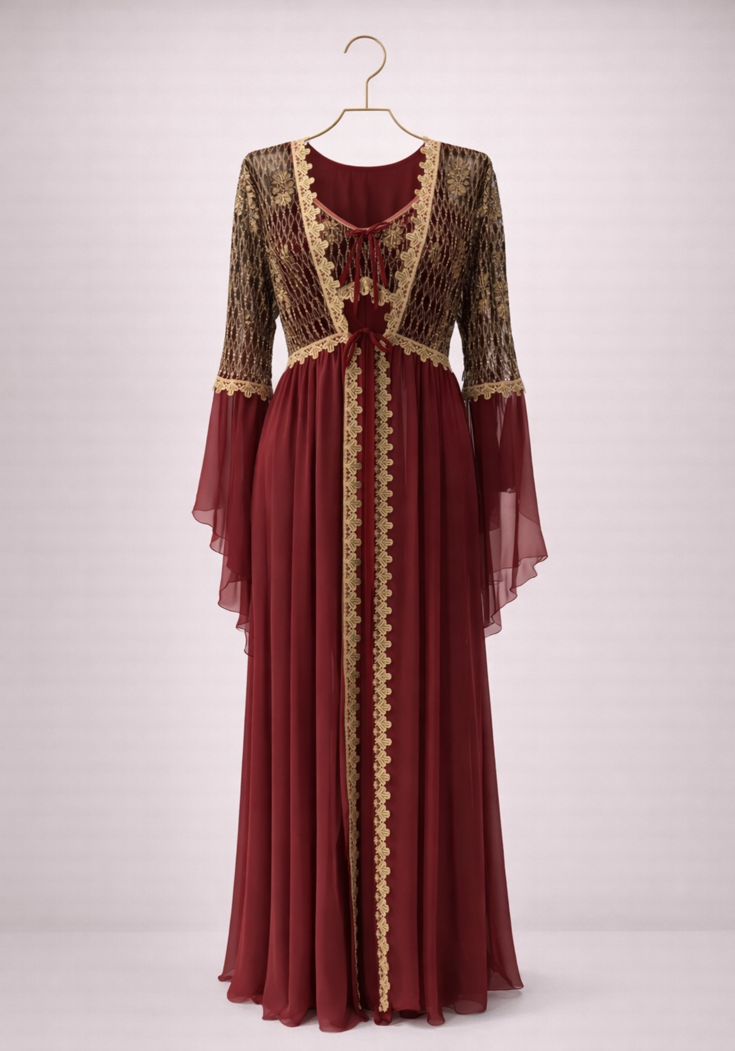 Schiffon Satin Long Robe Set With Golden Dantel