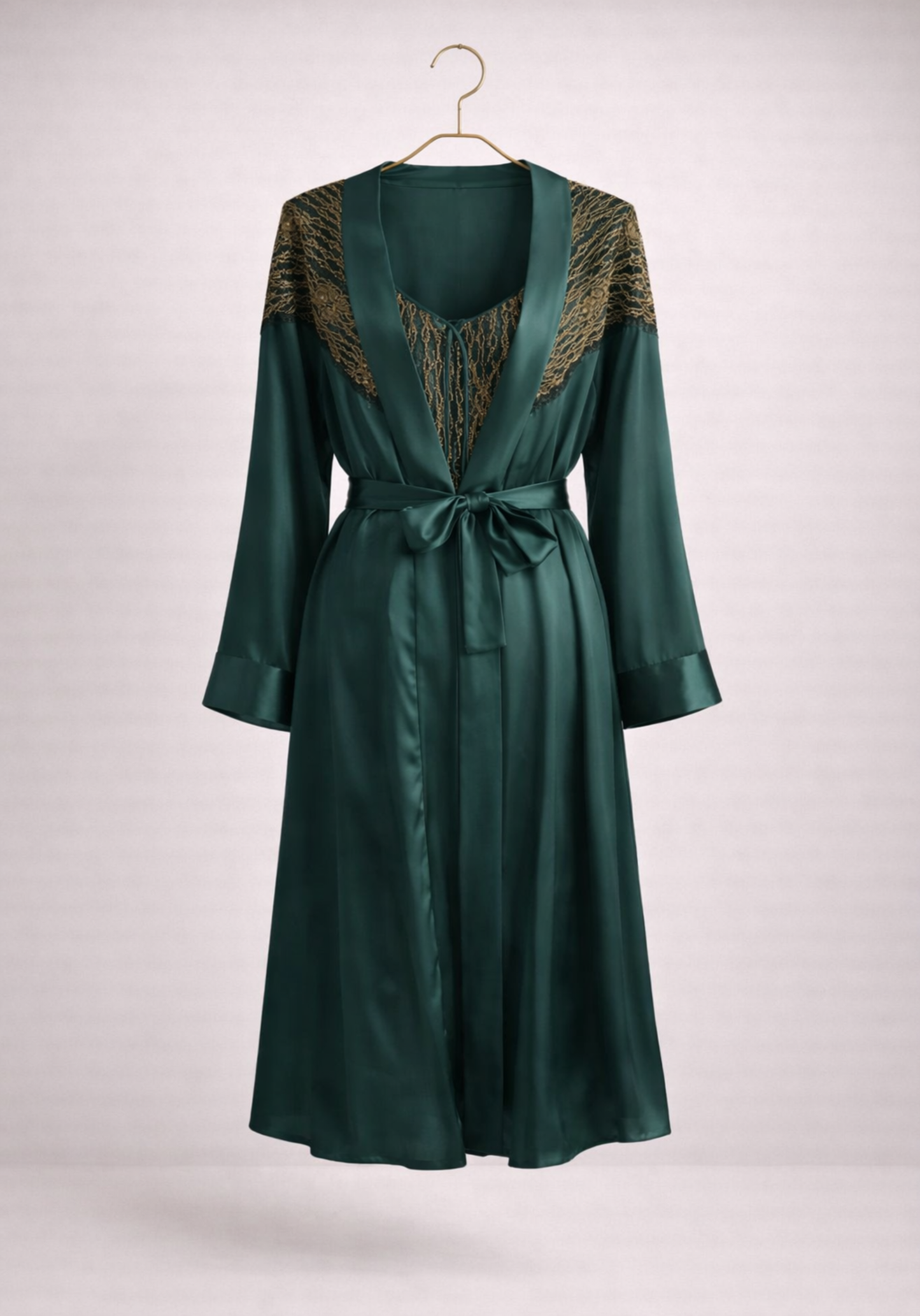 Satin Robe Set: Short Shoulder Strap Nighty And Short Robe With Golden Dantel