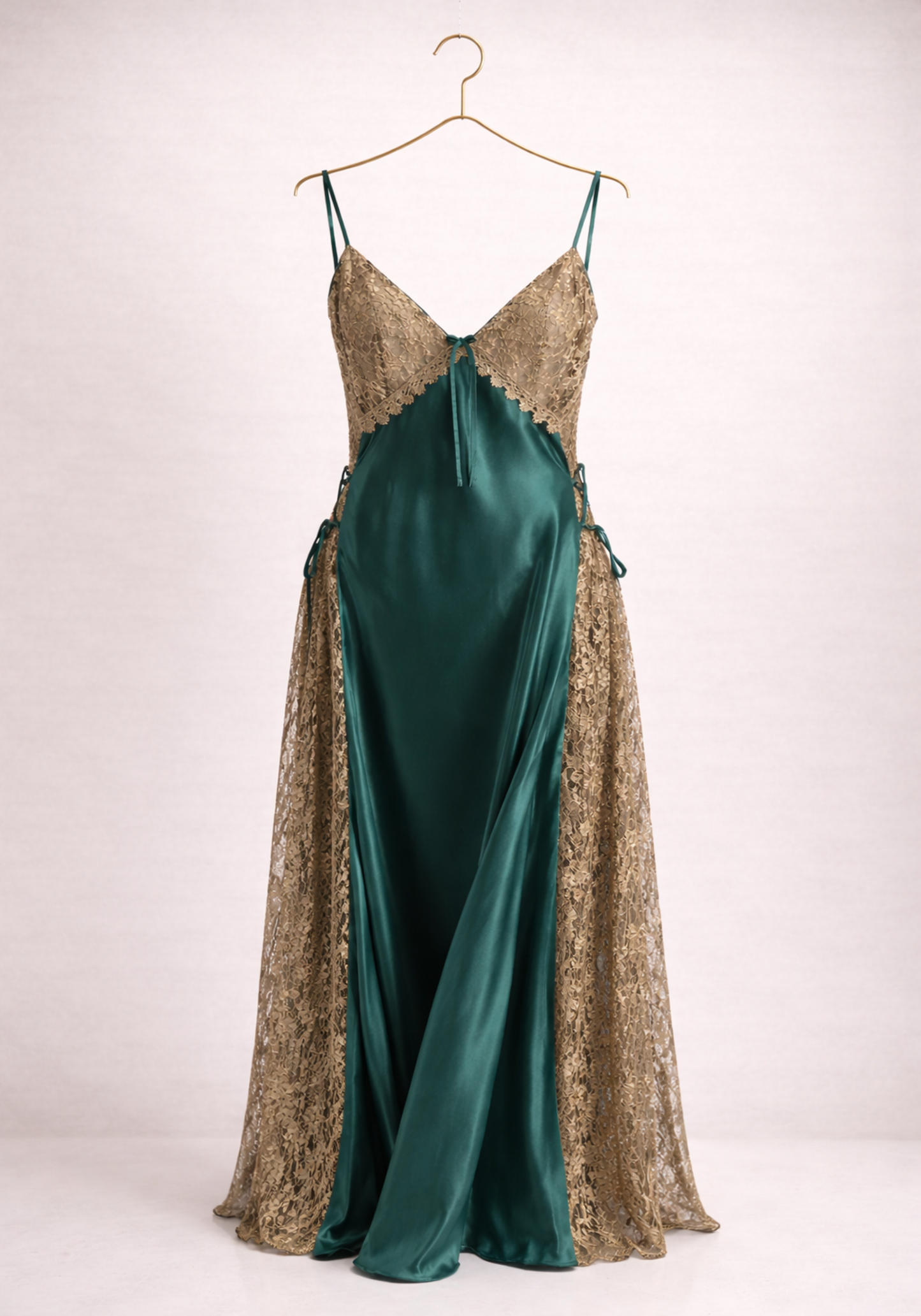 Satin Shoulder Strap Night Gown With Golden Dantel