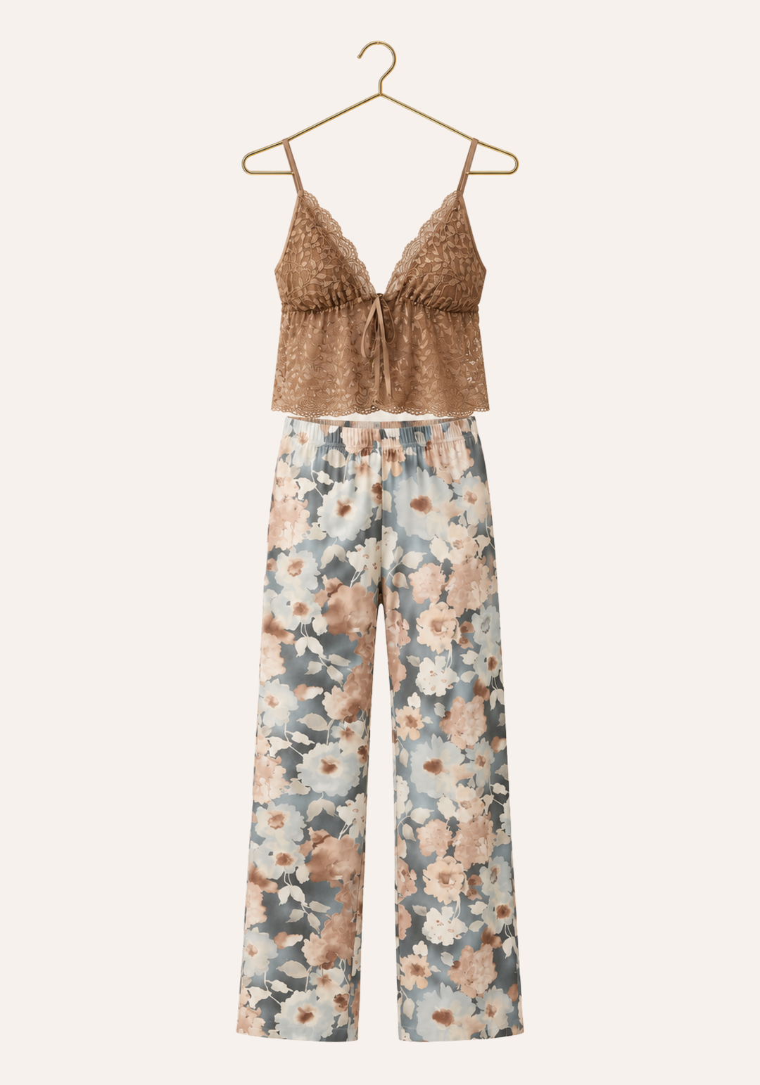3 Pieces Set: Floral Print Short Robe And Long Pants And Lace Tank Top