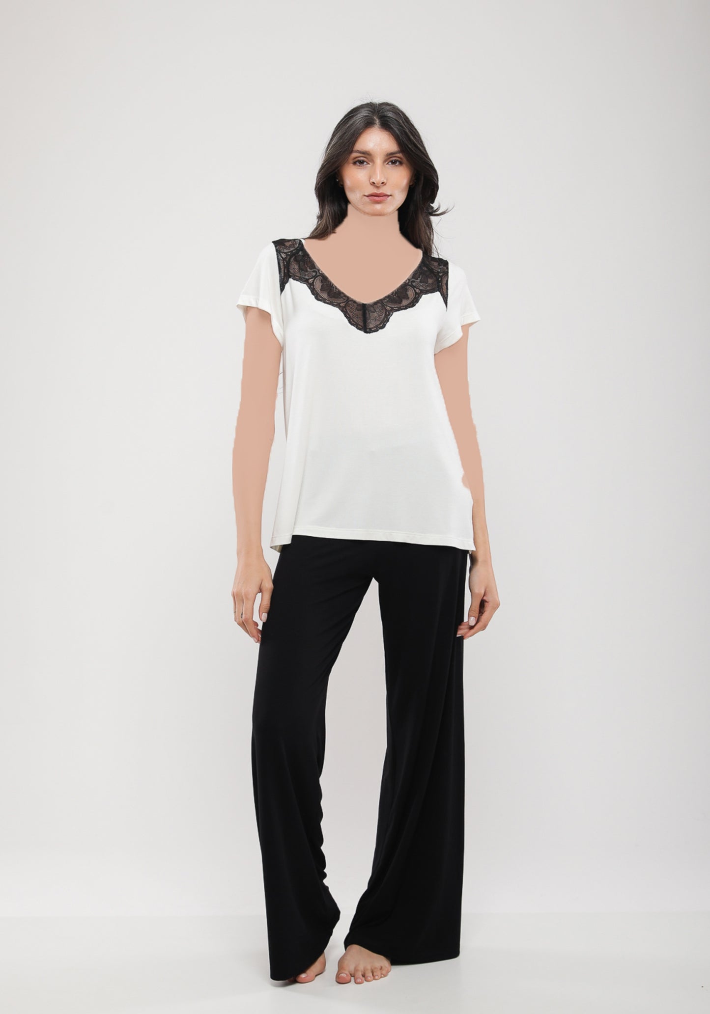 Viscose Short Sleeve V Lace Collar Top And Plain Pant Pajamas