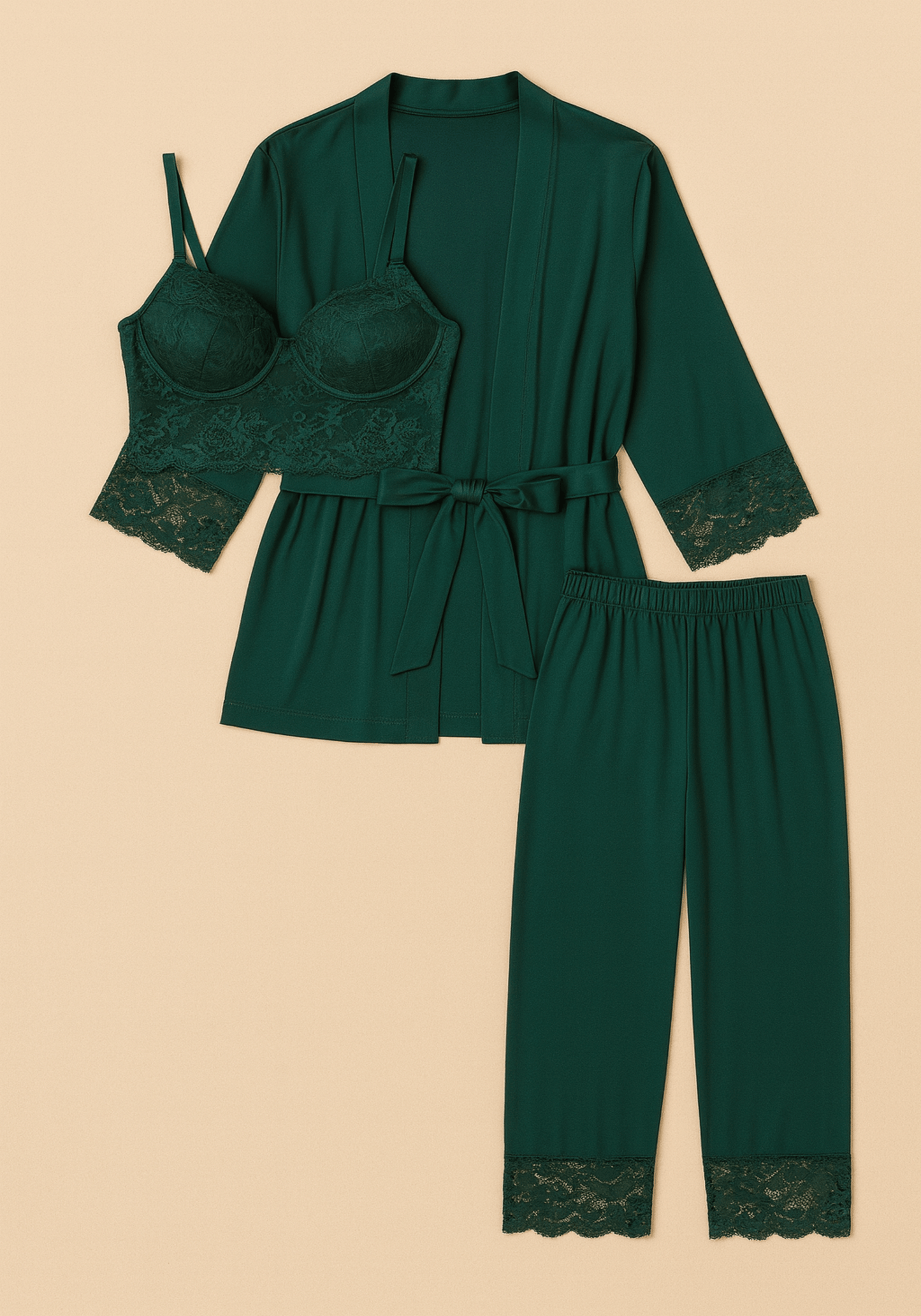 Modal 3 Piece Set: Padded Underwire Shoulder Strap Lace Bustier And Pants And Robe With Lace Details