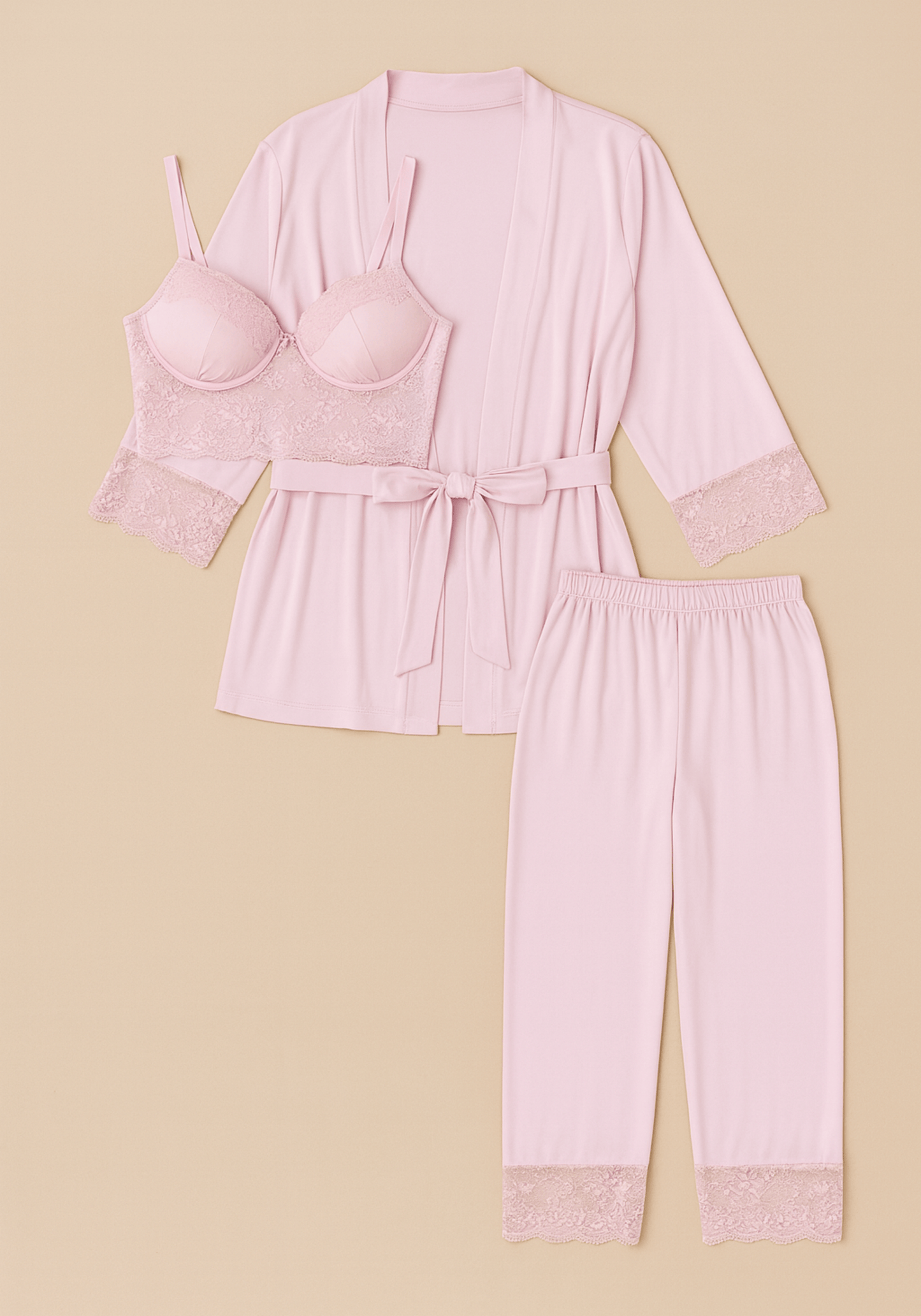 Modal 3 Piece Set: Padded Underwire Shoulder Strap Lace Bustier And Pants And Robe With Lace Details