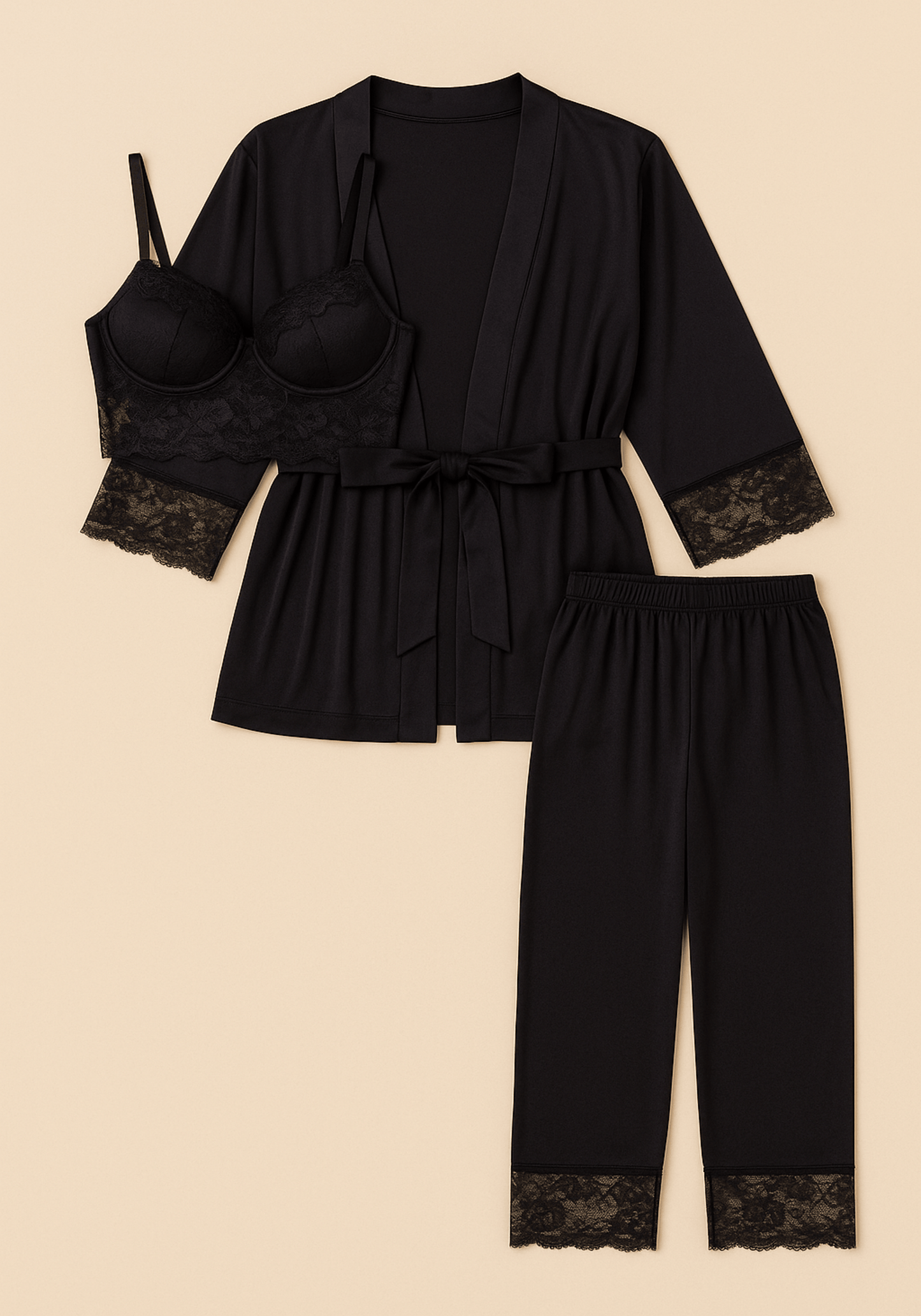 Modal 3 Piece Set: Padded Underwire Shoulder Strap Lace Bustier And Pants And Robe With Lace Details