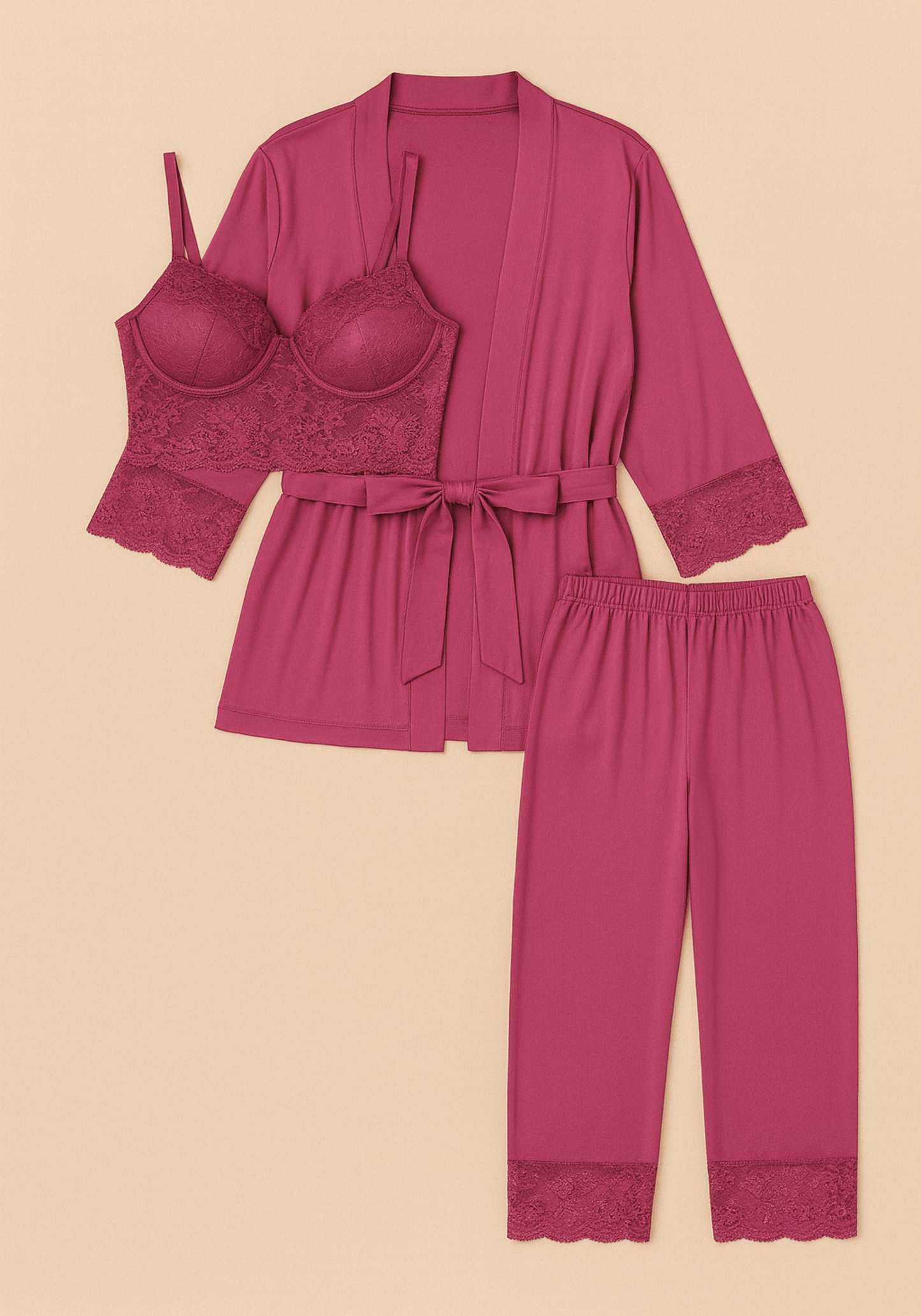 Modal 3 Piece Set: Padded Underwire Shoulder Strap Lace Bustier And Pants And Robe With Lace Details