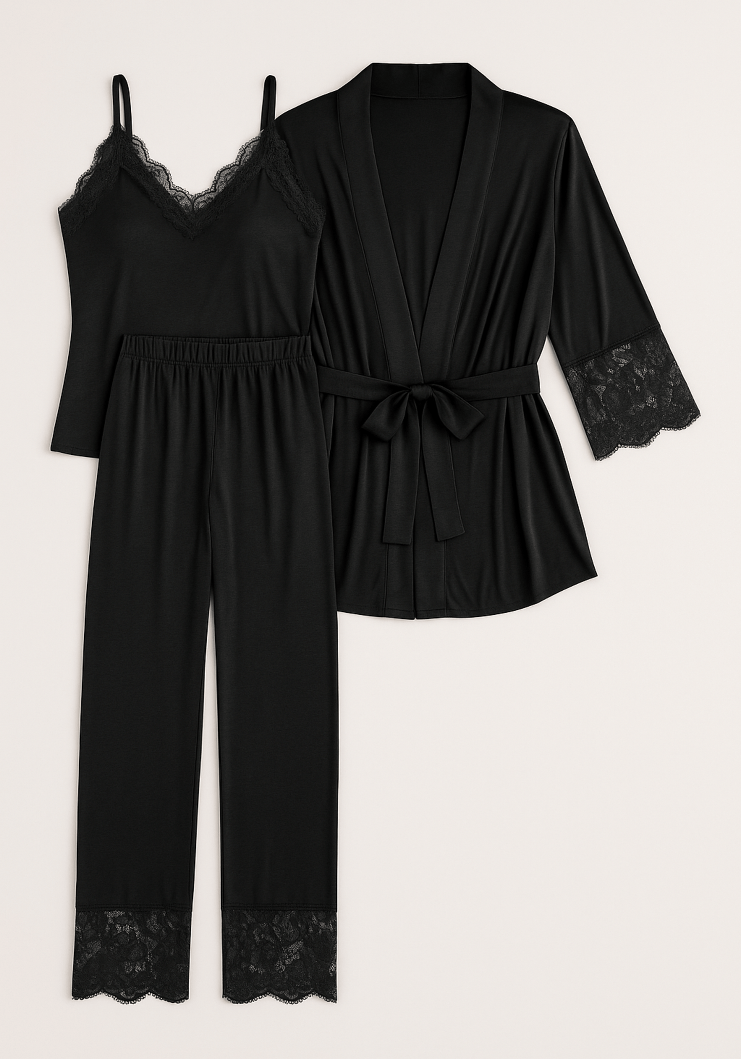 Modal 3 Piece Set: Dantel Shoulder Strap Top And Pants And Robe With Lace Details