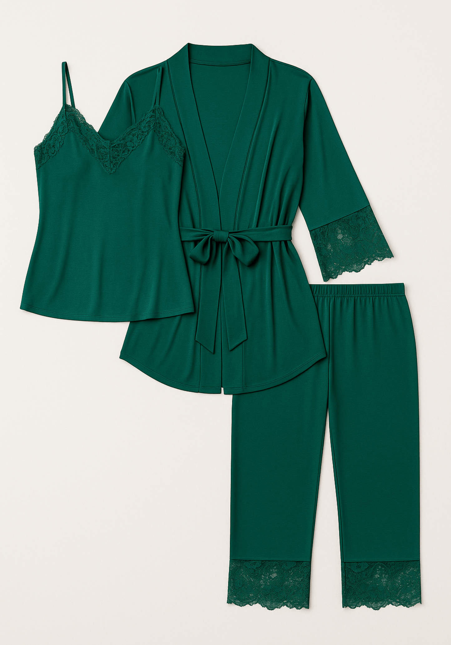 Modal 3 Piece Set: Dantel Shoulder Strap Top And Pants And Robe With Lace Details