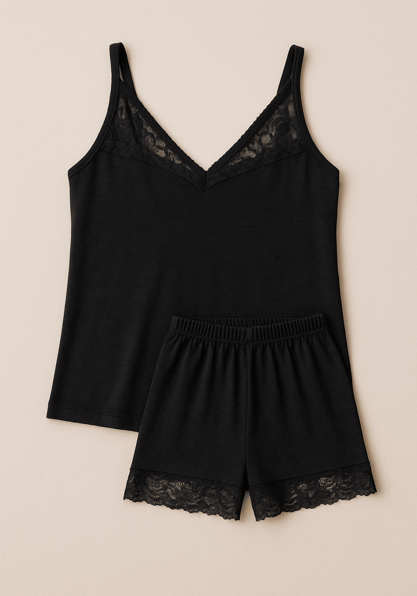 Modal Short Set: Shoulder Strap Top With Lace Detail And Shorts