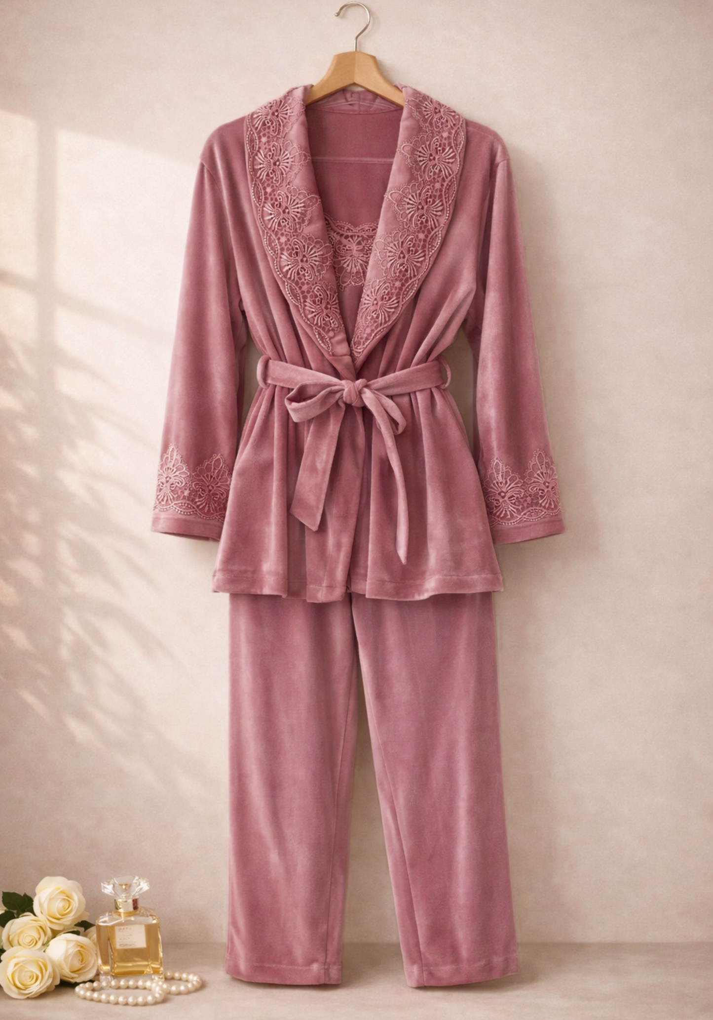 Velour 3 Pieces Set: Sleeveless Pajama And Short Robe