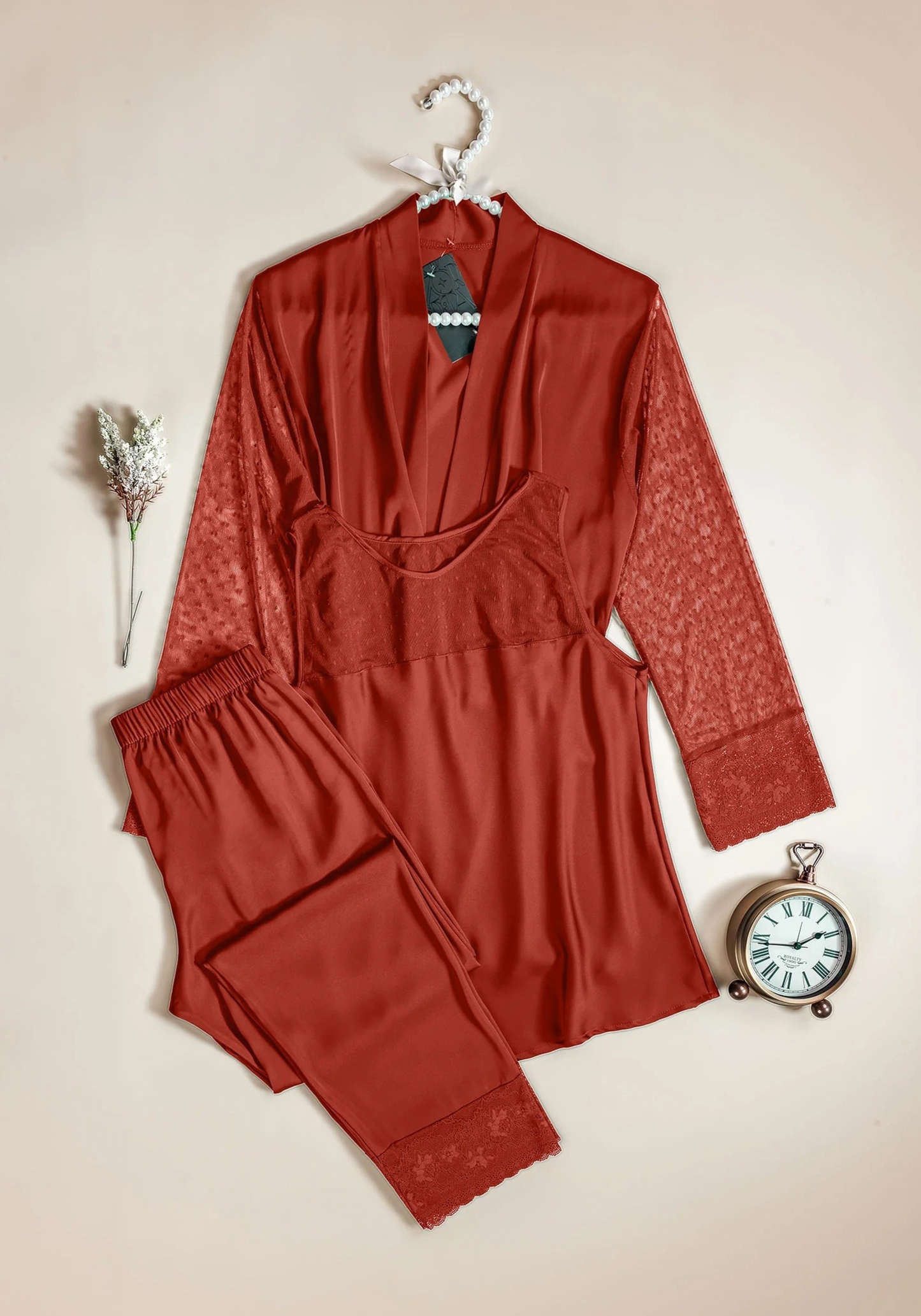 Satin 3 Pieces Set: Sleeveless Top And Plain Pant And Kimono All With Lace Detail