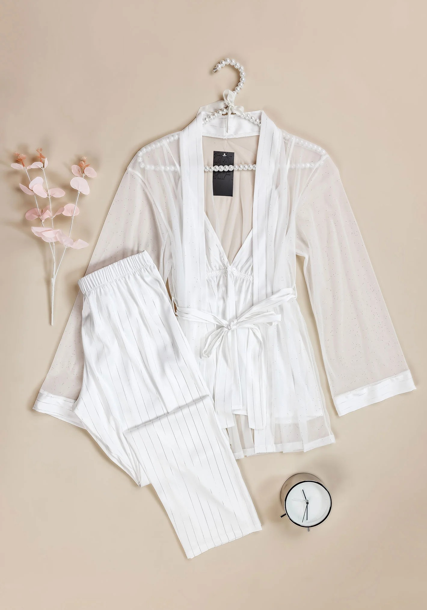 Bridal 3 Pieces Pajama: Satin Striped Strap Top And Pant And Schiffon Kimono