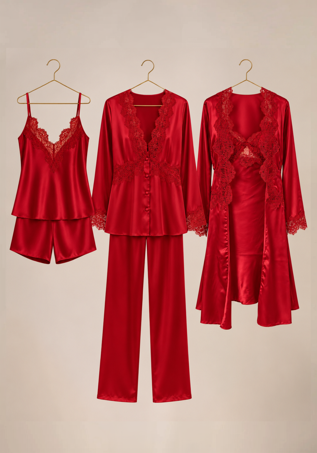 Set Of 6: Lace Cami, Short, Top, Pant, Short Nighty, Button Robe