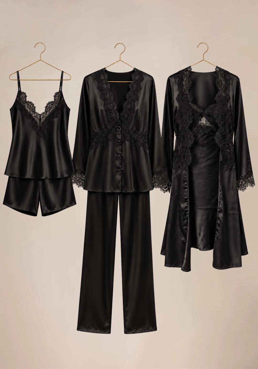 Set Of 6: Lace Cami, Short, Top, Pant, Short Nighty, Button Robe