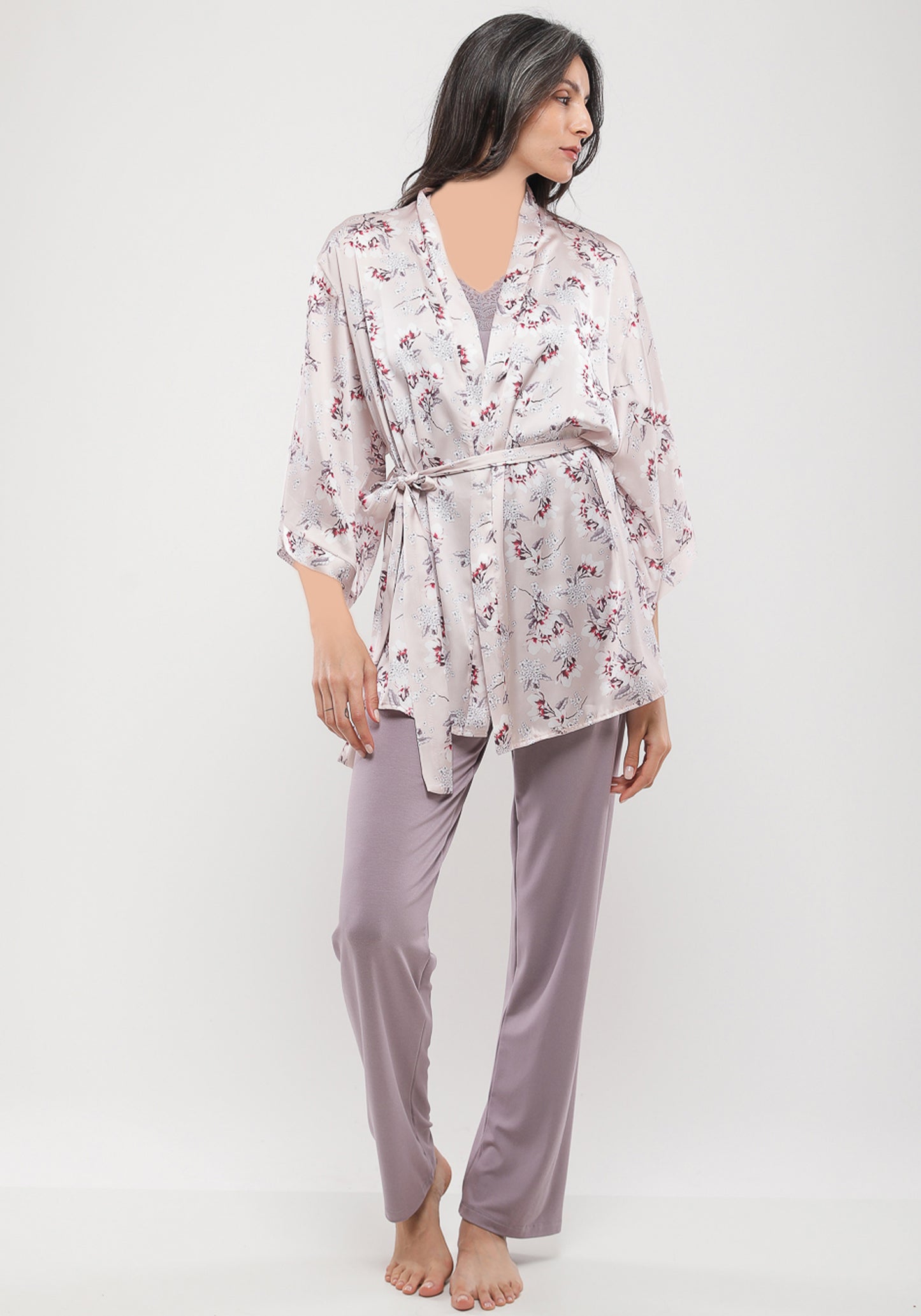 3 Pieces Set: Viscose Shoulder Strap Plain Pajamas And Satin Printed Robe