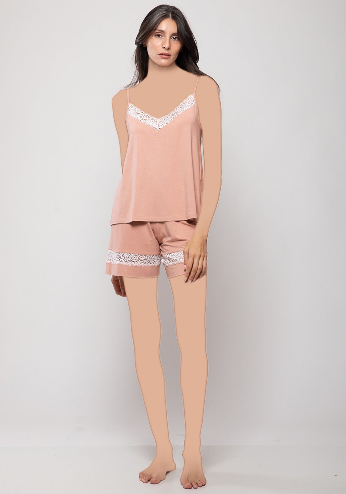 Cotton Shoulder Strap Top And Short Set With Lace Detail