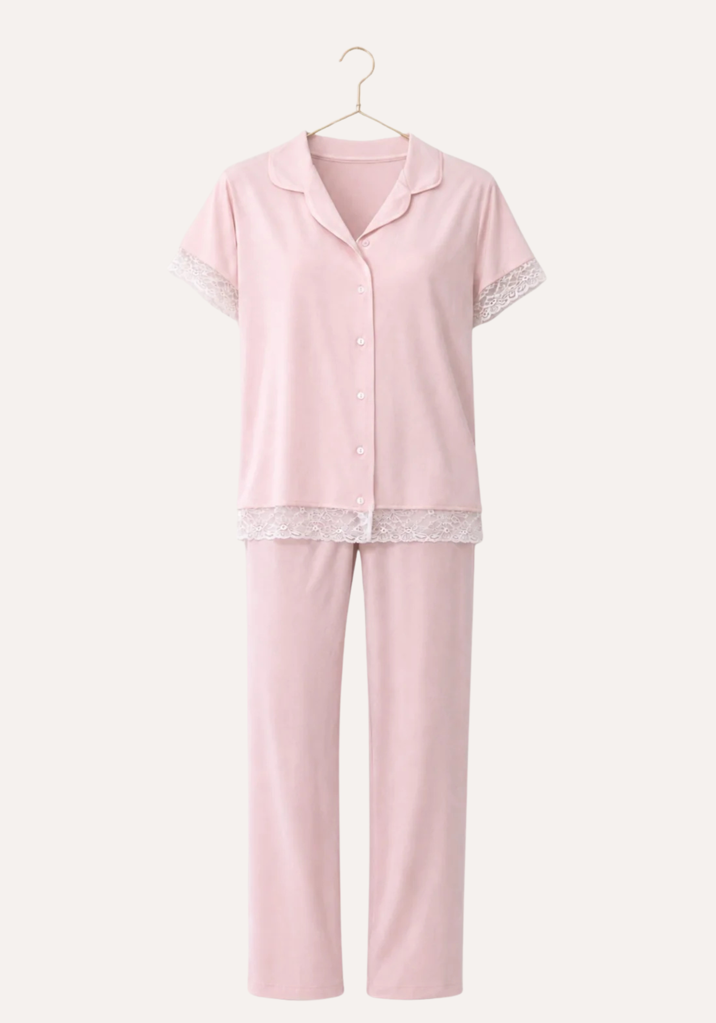 Viscose Short Sleeve With Lace Detail Top And Plain Pant Pajamas