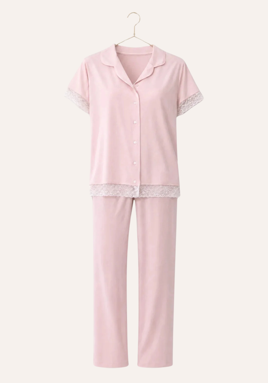 Viscose Short Sleeve With Lace Detail Top And Plain Pant Pajamas