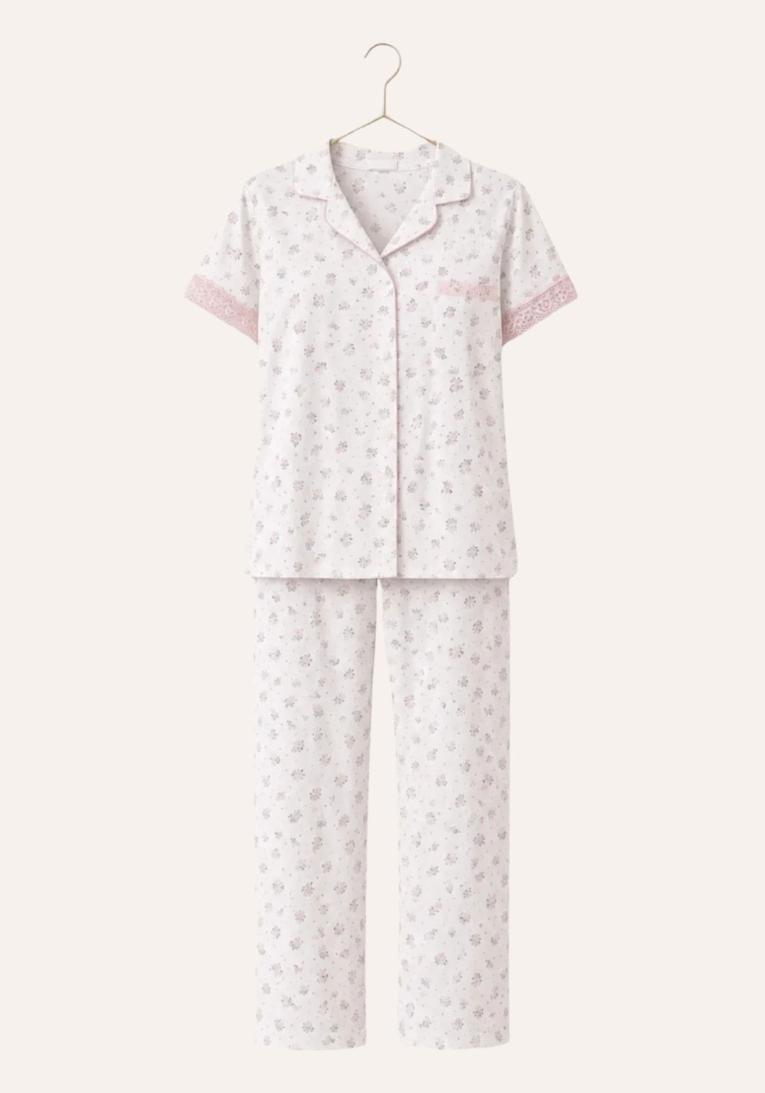 Cotton Collar Button Short Sleeve Top And Pant Floral Print Pajamas