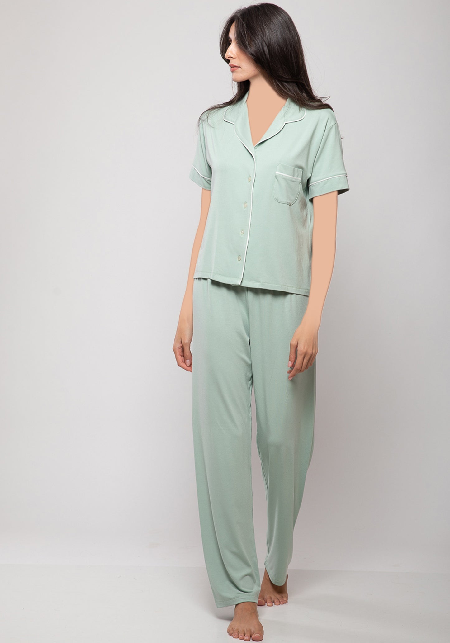 Viscose Collar Button Short Sleeve Top And Pant Pajamas